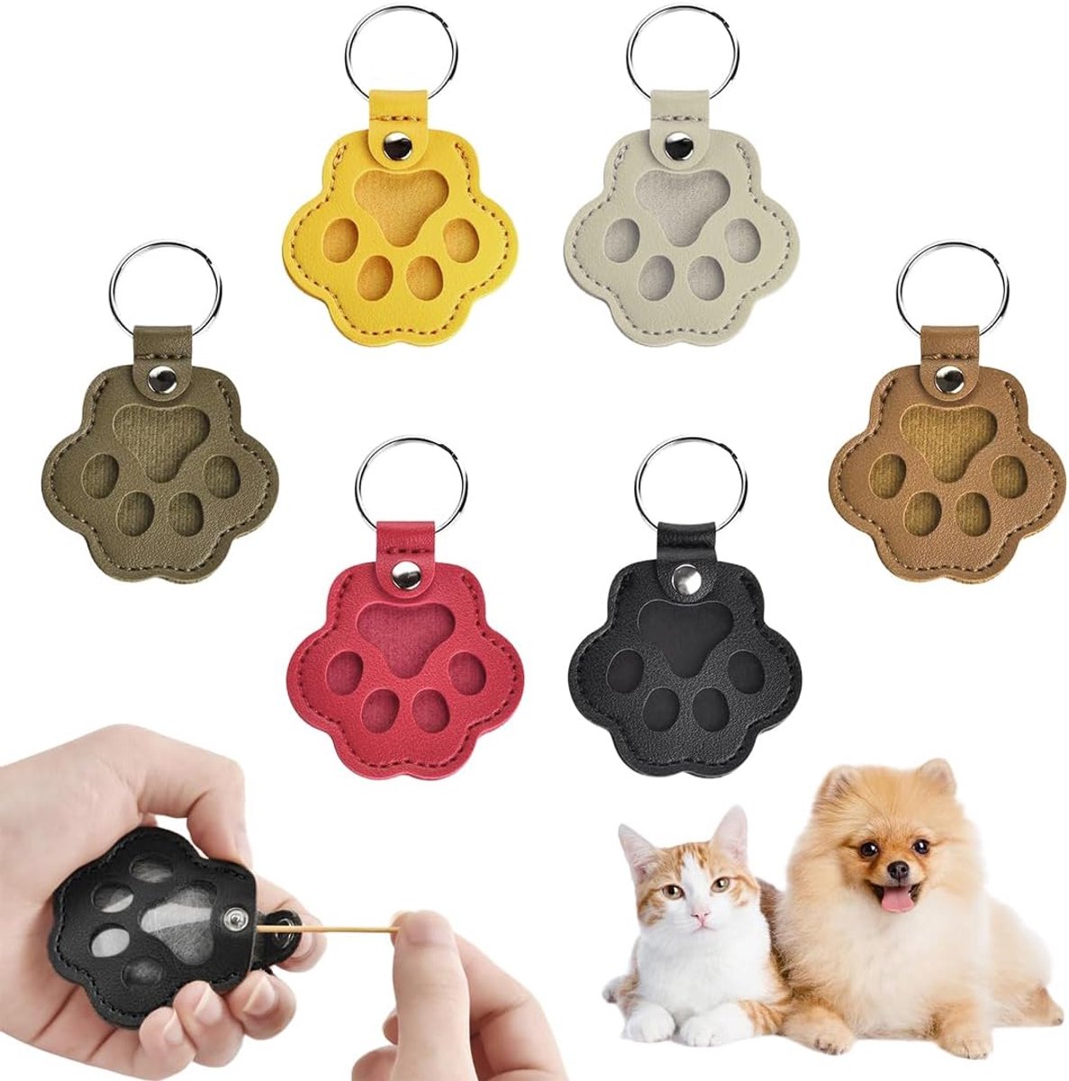 6 stuks aandenkendoos voor huisdierhaar, sleutelhanger van bont voor huisdieren, sleutelhanger van leer in de vorm van een kattenpoot, voor dierenliefhebbers