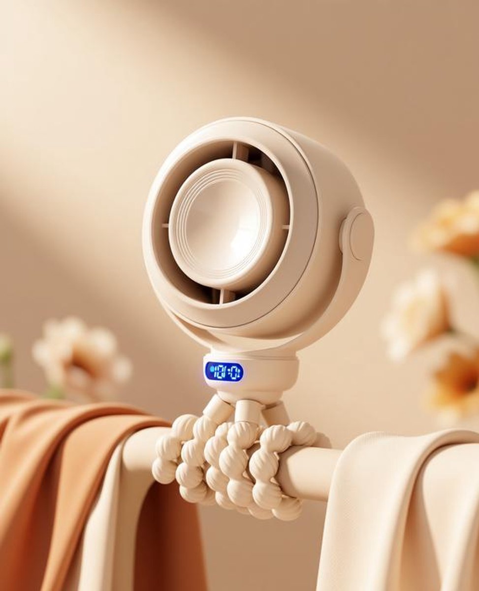 Draagbare kinderwagenventilator met clip, stil en krachtig, 5 snelheden, USB-C oplaadbaar, LED-display, voor autostoel, wieg en reizen