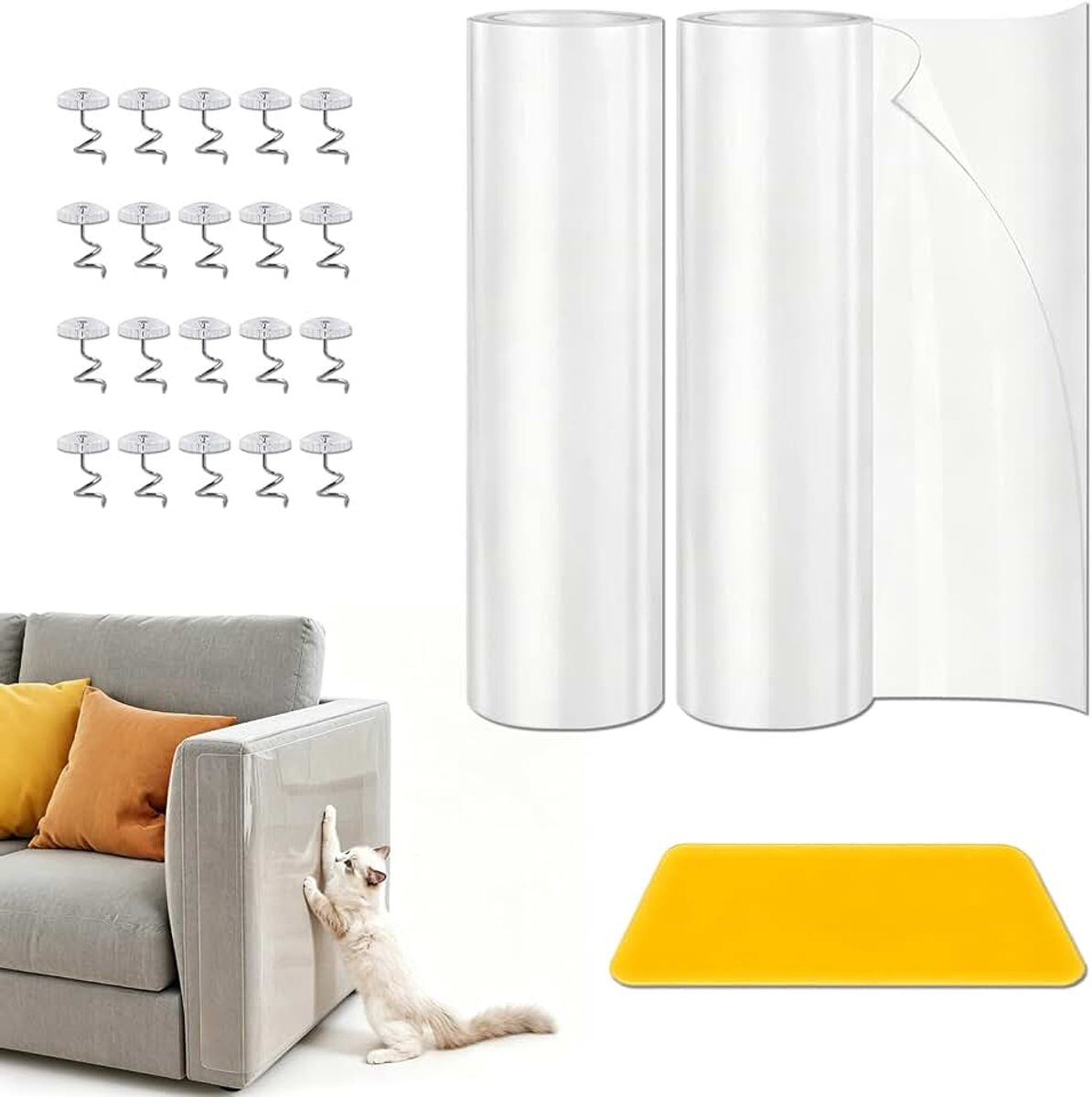 Set van 2 krasfolie voor katten, zelfklevend, 20 cm x 500 cm, krasbescherming voor bank, kat, krabfolie, katten, zelfklevend, transparant, anti-krasfolie voor meubels, bank, deur, muur