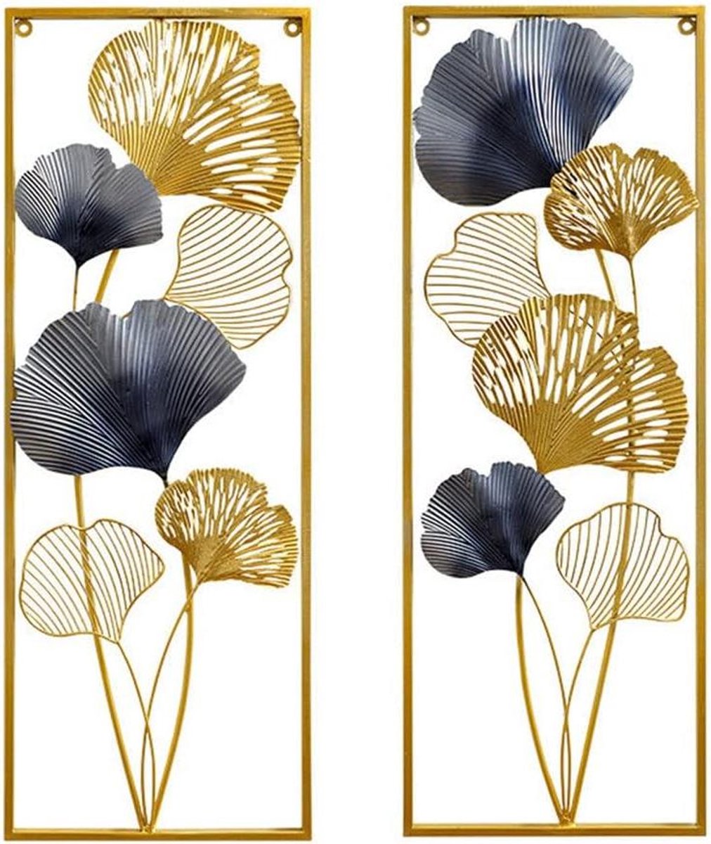 Wanddecoratie Ginkgo Bladeren - Metaal Kunst Muurschildering - Woonkamer Aankleden - Driedimensionaal Ontwerp - 85 x 31 cm - Goud