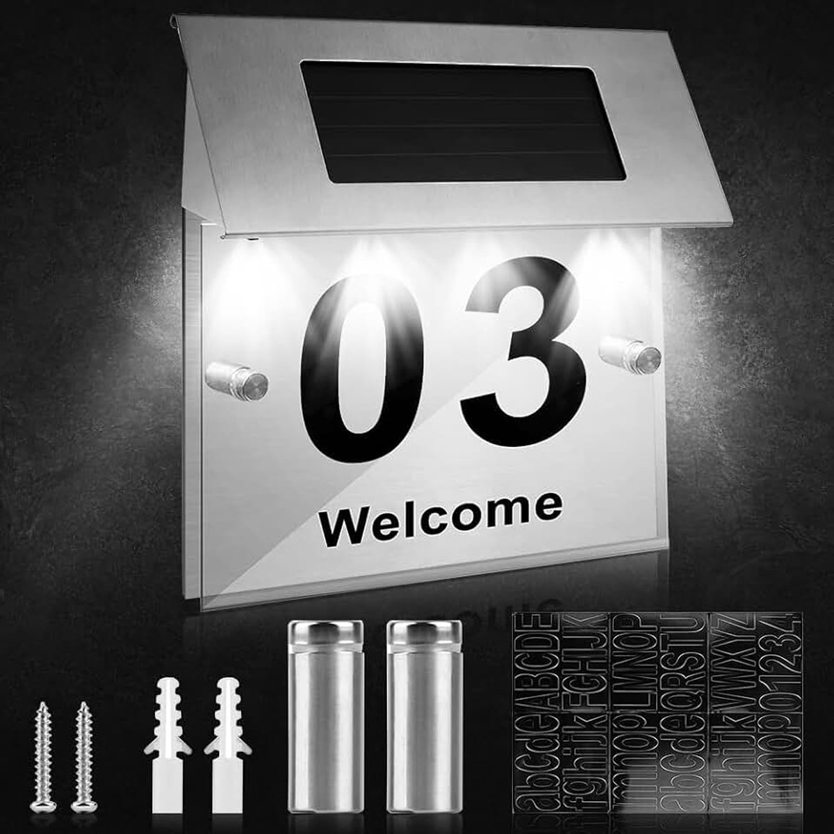 Mizikuu Verlichte huisnummer op zonne-energie, roestvrij stalen zonne-energie huisnummerlamp met 4 leds, IP44 waterdicht, schemersensor met cijfers 0-9 en letters A-Z, individueel personaliseerbaar