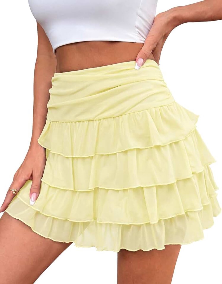 Mini-rok met ruches voor dames, elastische taille, gelaagde mesh-rok met shorts