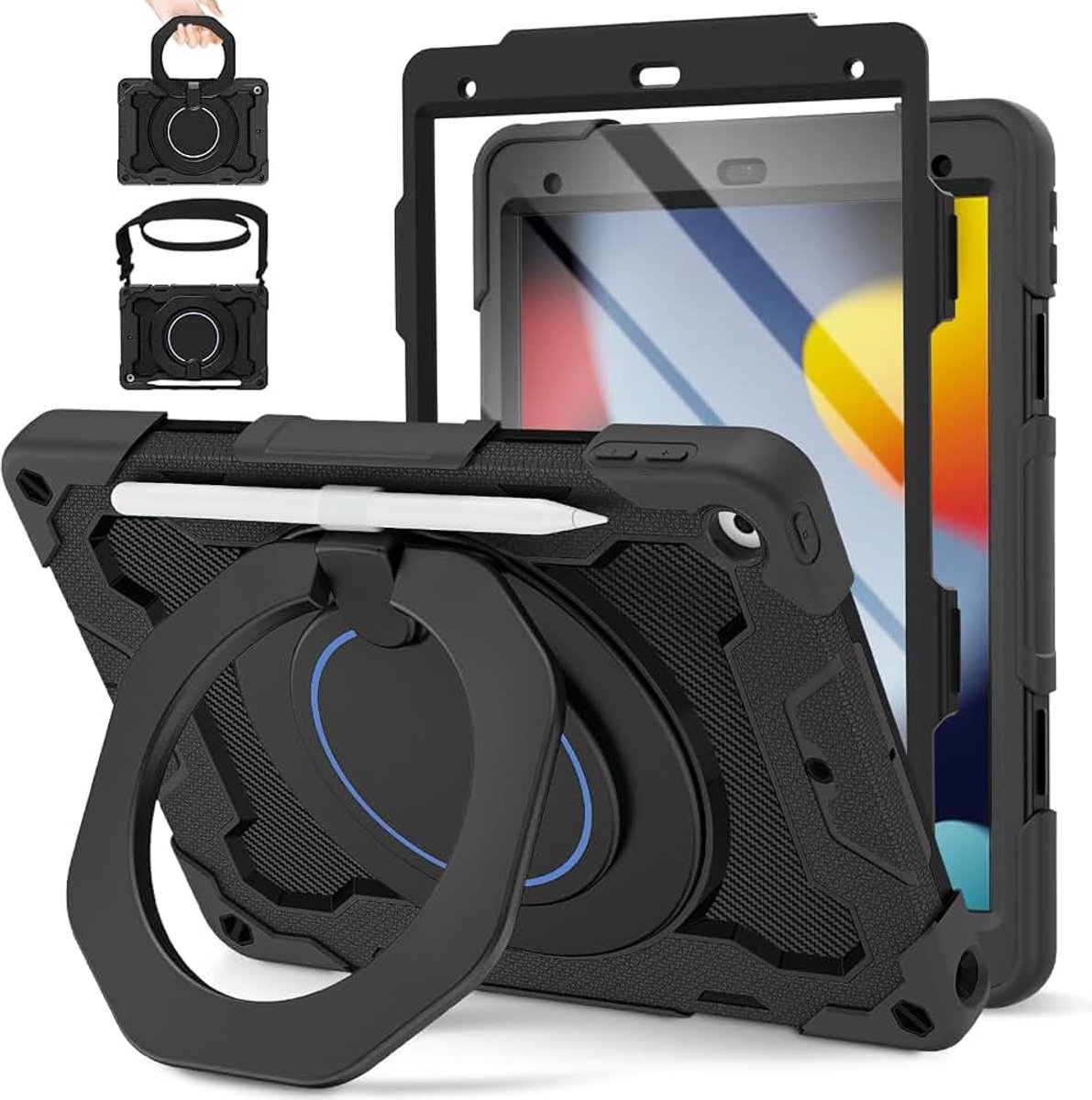 Kinderhoes voor iPad 9, 8, 7 generatie 10,2 inch, heavy duty, stootvaste iPad-hoes 9e generatie met displaybescherming, penhouder, draaibare standaard en schouderriem