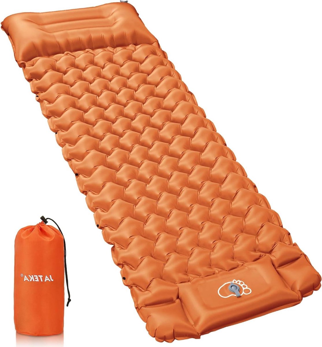 Campingmatras Zelfopblazend - Slaapmat Kamperen - Comfortabel Slapen Buiten - Geïntegreerd Hoofdkussen - 200 x 66 x 9 cm - Oranje/Grijs