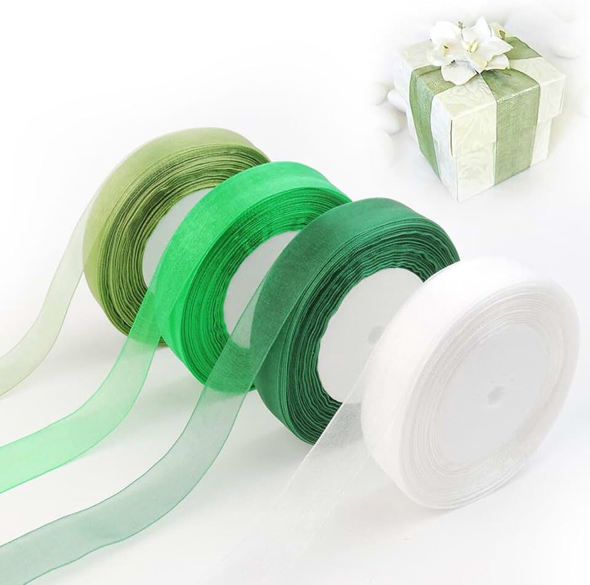 Lint, 4 rollen 45 m, 2 cm breed, cadeaulint, organza, transparante organza lint, chiffonlinten, set voor handgemaakte doe-het-zelf geschenkverpakking (wit groen)
