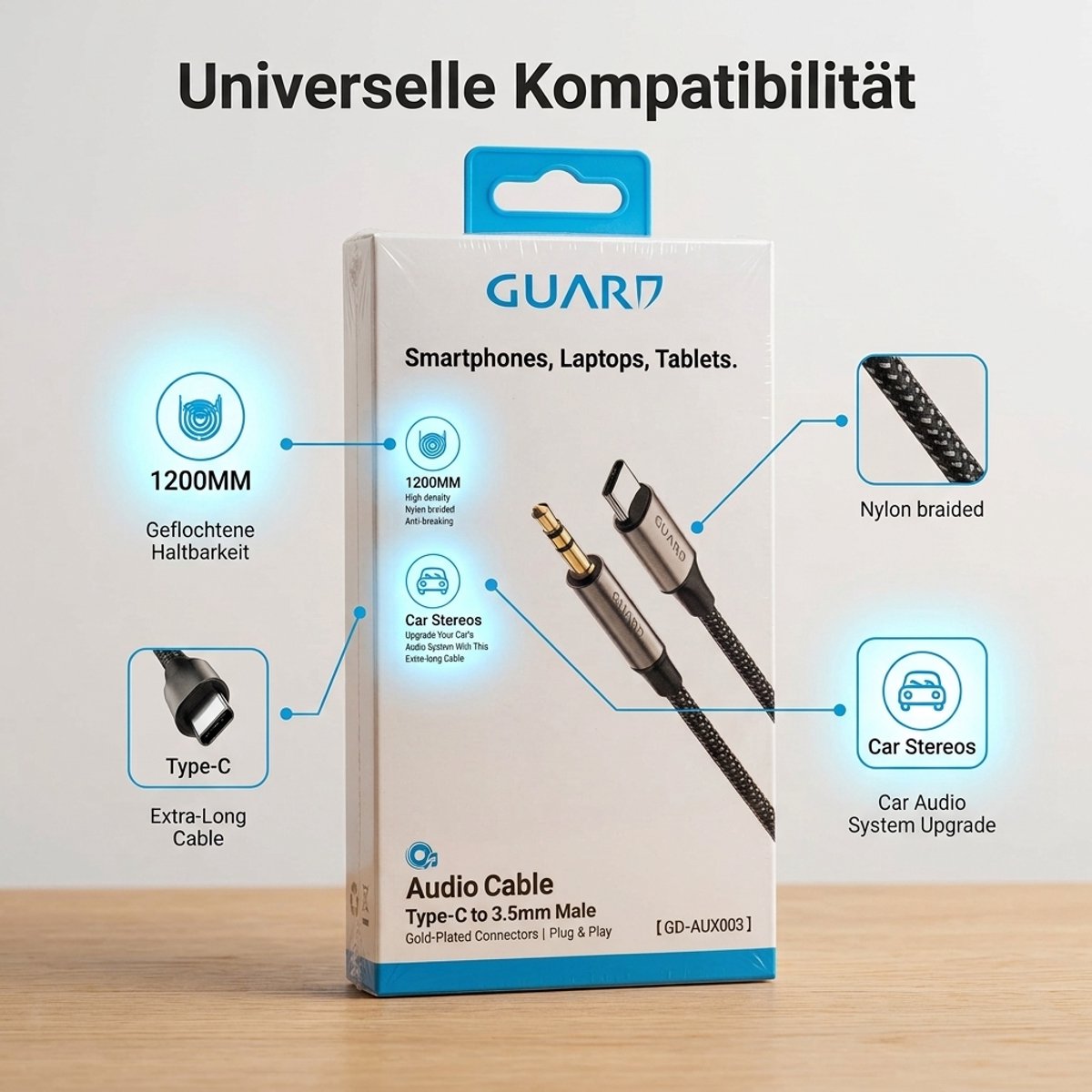GUARD USB-C naar 3,5 mm AUX Audiokabel 1,2 m - Gevlochten Nylon - Vergulde Connectoren