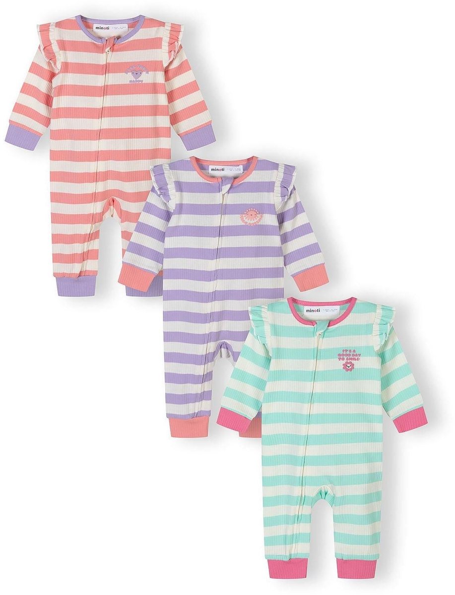 Minoti baby pyjama meisjes 3-pack geribbeld gestreept - romper