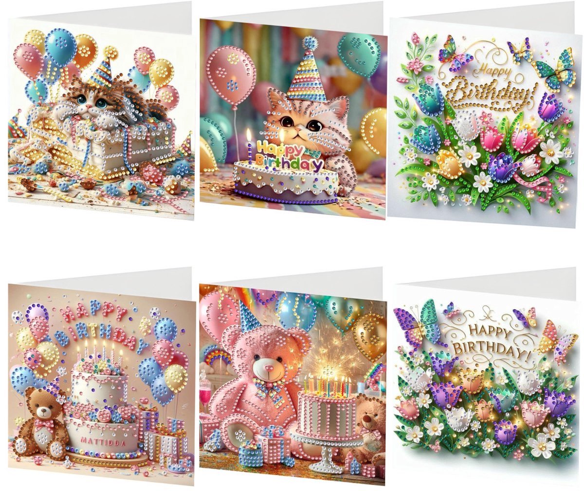 Casalora Diamond Painting kaarten - 6 Diamond Painting Wenskaarten - Verjaardagsthema - DIY Kaarten, Speciale Diamanten, Enveloppen en Accessoires - F