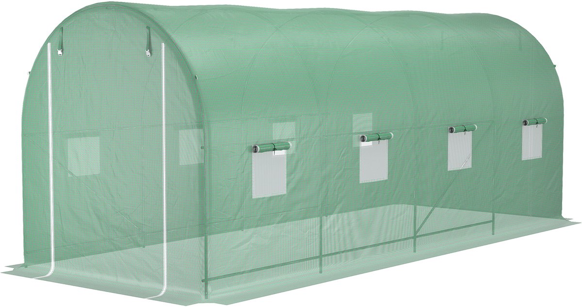 Broeikas (ca. 10 m² / 5L x 2B x 2,05H m) – Folietunnel met 8 ramen-versterkt buizenframe-deur met ritssluiting-oprolbare zijwanden-uv-bestendige folie - Groen