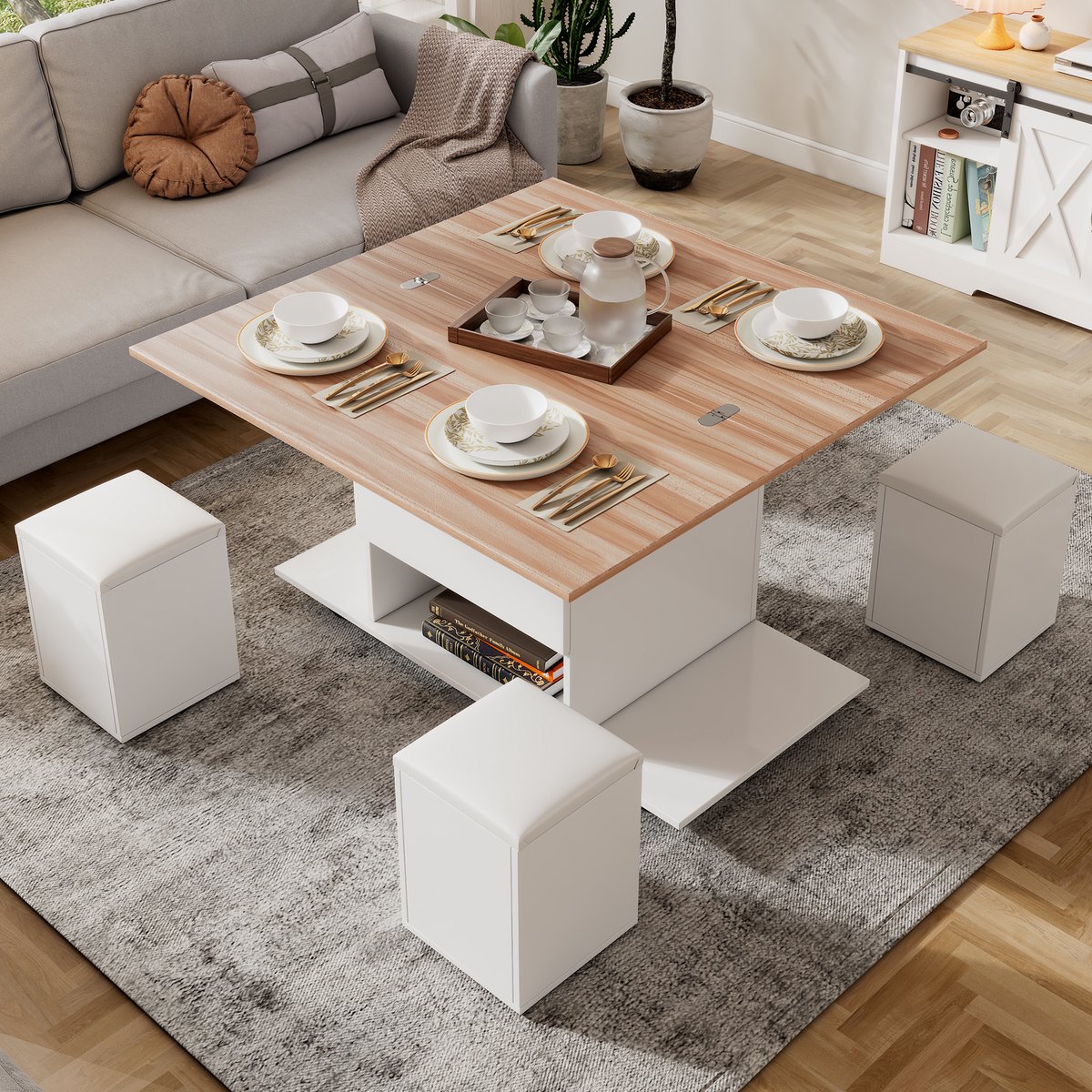 Couchtisch Höhenverstellbar - 3-in-1 Multifunktionaliteit - White+Natural - 100x50x48 cm