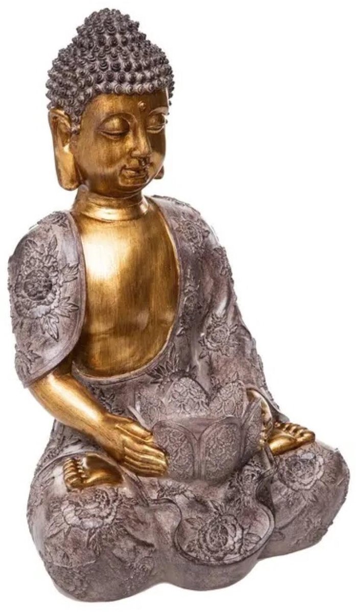 Atmosphera Boeddha beeld Siddharta - binnen / buiten - kunststeen - goud/zilver - 23 x 37 cm - huis en tuin beelden