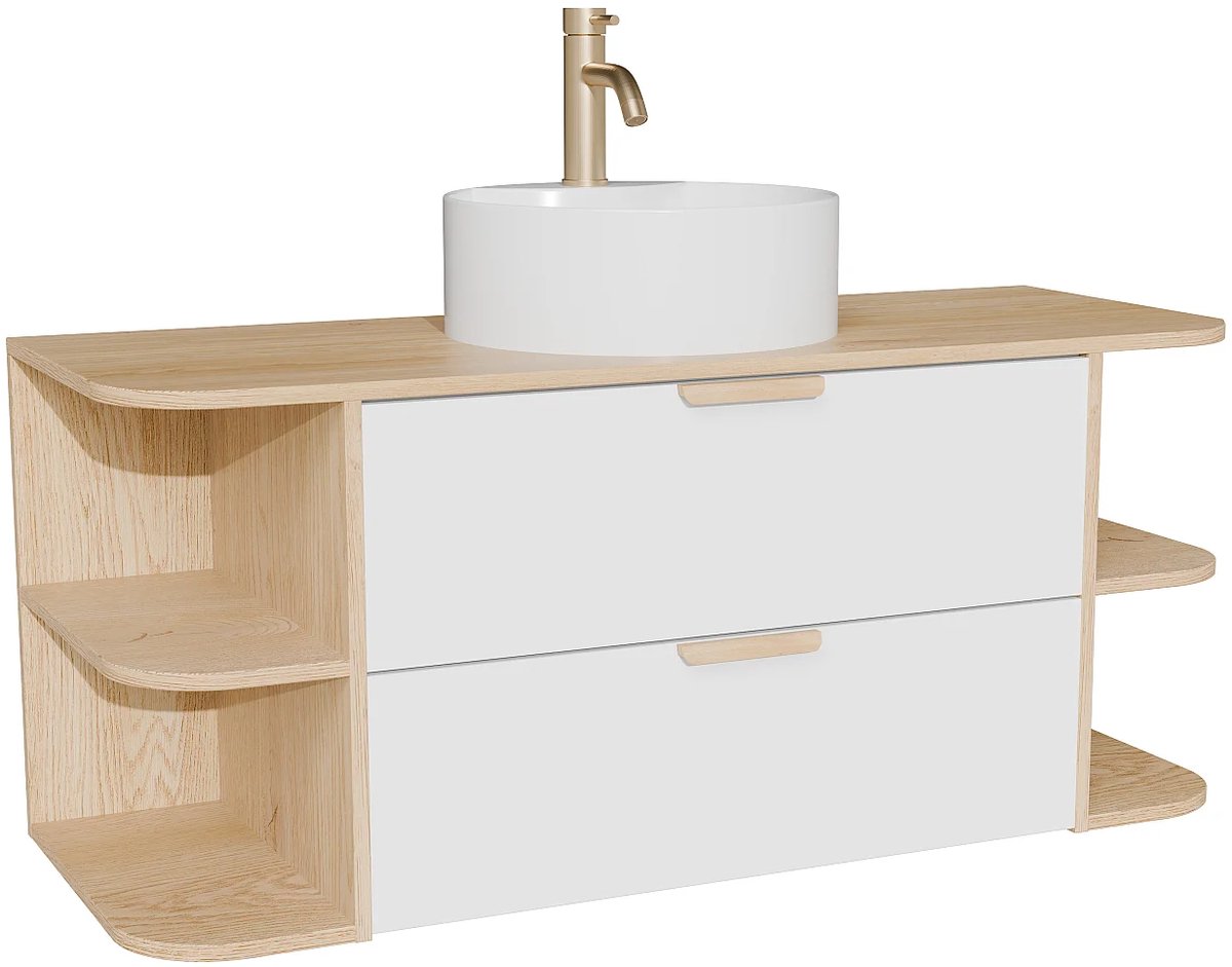 Vente-unique Zwevend badkamermeubel met nissen, ronde opbouwwastafel en kraan - Wit en natuurlijk licht - B120 cm AVORELI