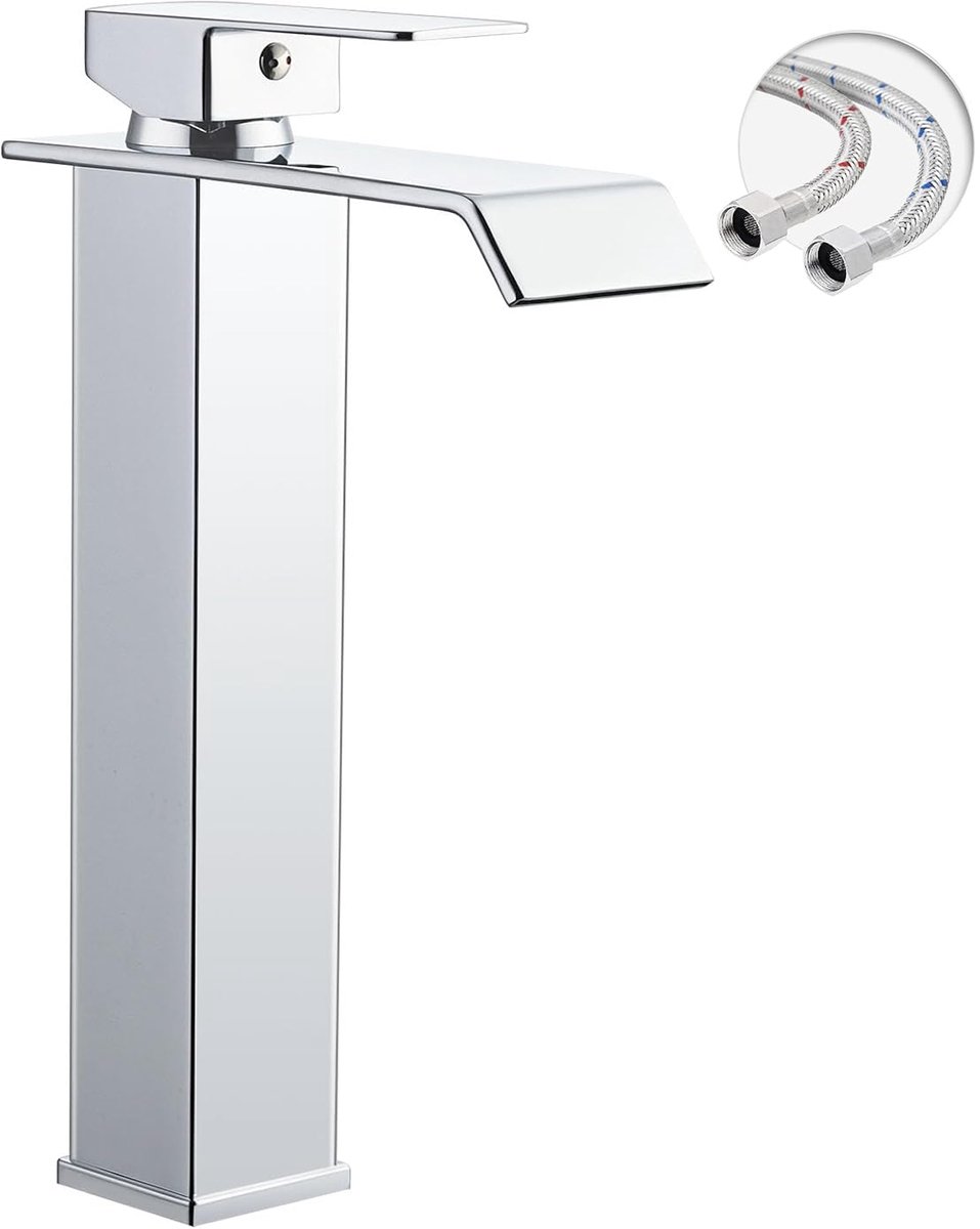 KZQ Waterkraan Badkamer Wastafelkraan Modern Badkamerkraan Wastafelmengkraan Waterval Badkamer Kraan Eengreepsmengkraan Warm En Koud Verstelbare Wastafelarmatuur - Hoog Model - Chroom Recht - Incl G3/8 Slangen
