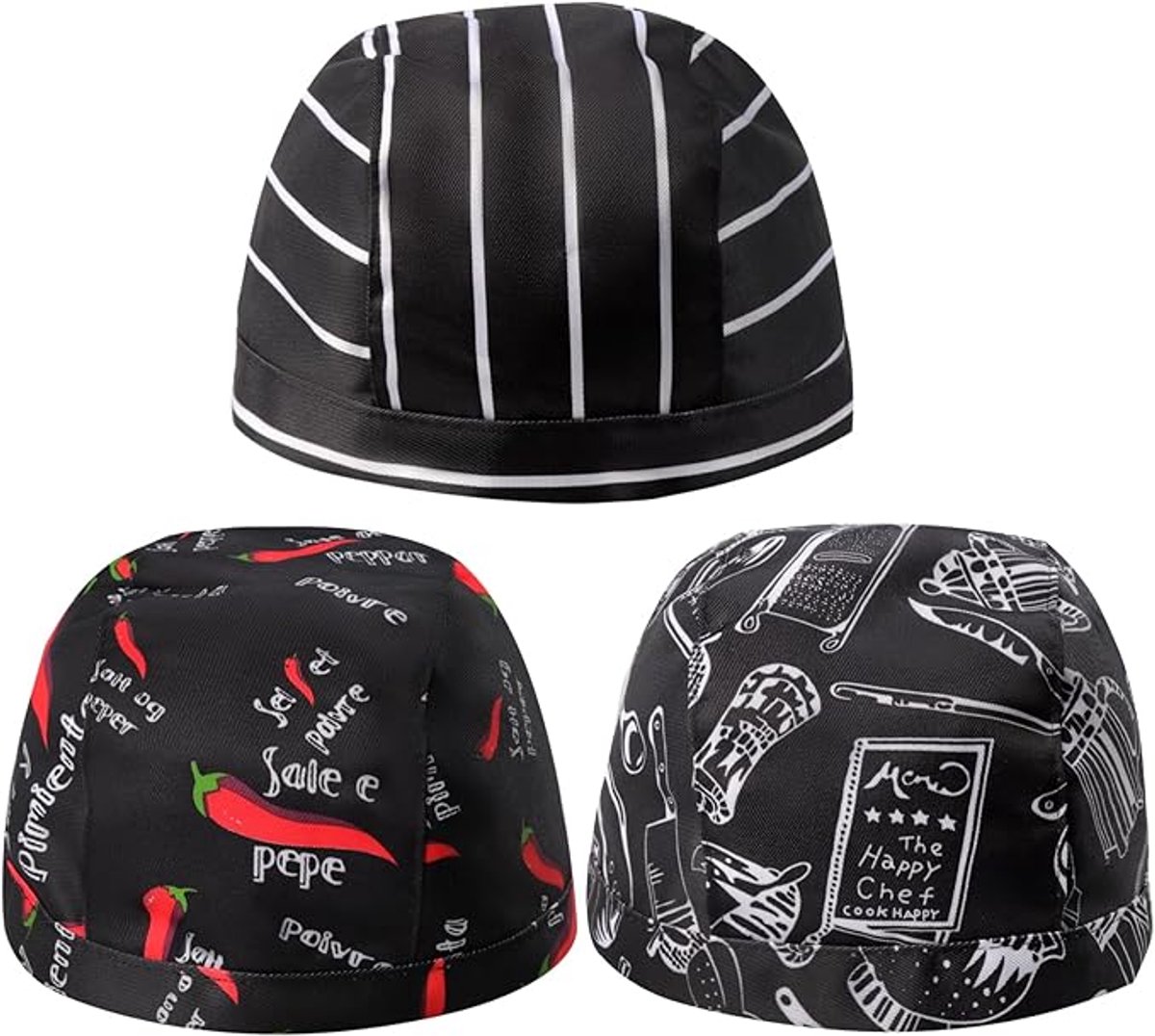 Set van 3 Creatieve Chefsmutsen met Verschillende Prints – Comfortabele Ademende Werkhoeden voor Keukenpersoneel