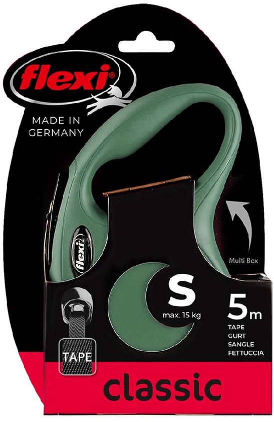 Laisse Flexi Classic Tape vert olive, taille S, pour chiens jusqu'à 15 kg, 5m.