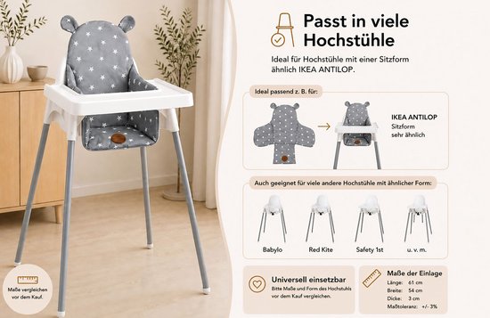 Kussen voor kinderstoel baby opvouwbaar zitverkleiner – zitkussen steun voor Ikea Antilop kinderstoel en babystoel – zitverkleiner waterafstotend wasbaar Afrika — afbeelding 5