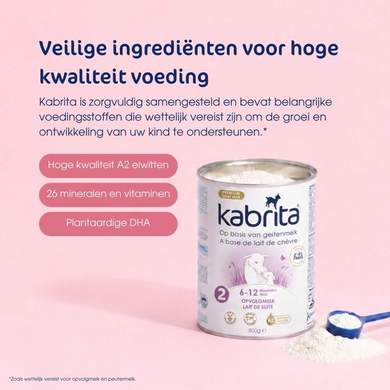 Kabrita 2 opvolgmelk blik met schepje en een opsomming van voordelen.