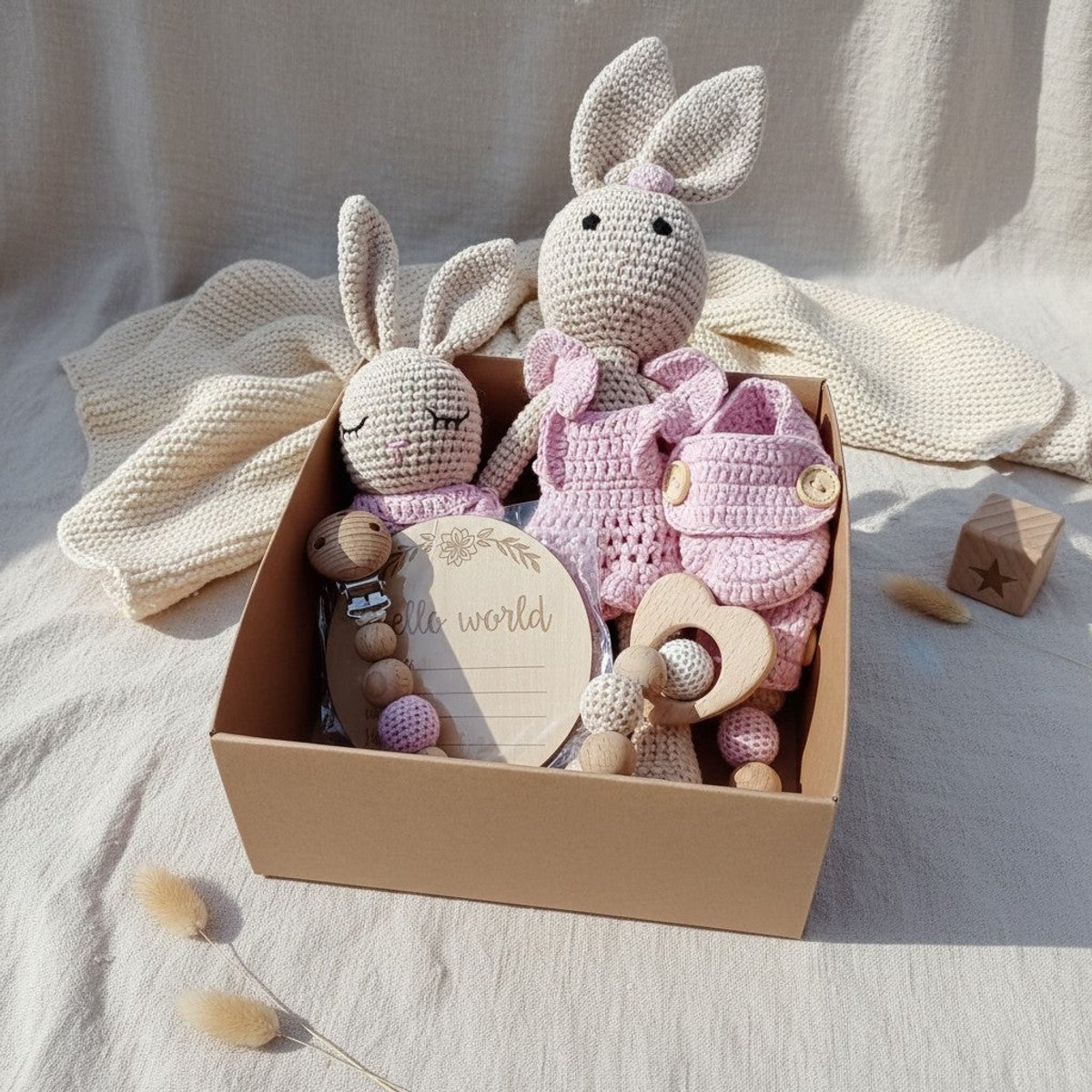 Nuvinokids® Kraamcadeau Meisje Bunny - 6-delige Babyset 100% OEKO-TEX Katoen - Handgehaakt Geboortecadeau - BPA Vrij – foto 6