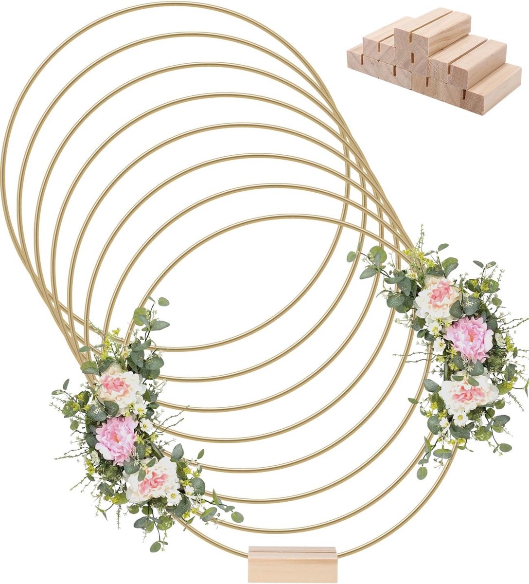 8 stuks 25 cm metalen ringen om te knutselen, goud met houten standaard met voet, gouden metalen ringen met 8 stuks houten standaarden, draadringen, decoratieve ringen voor bruiloftskrans