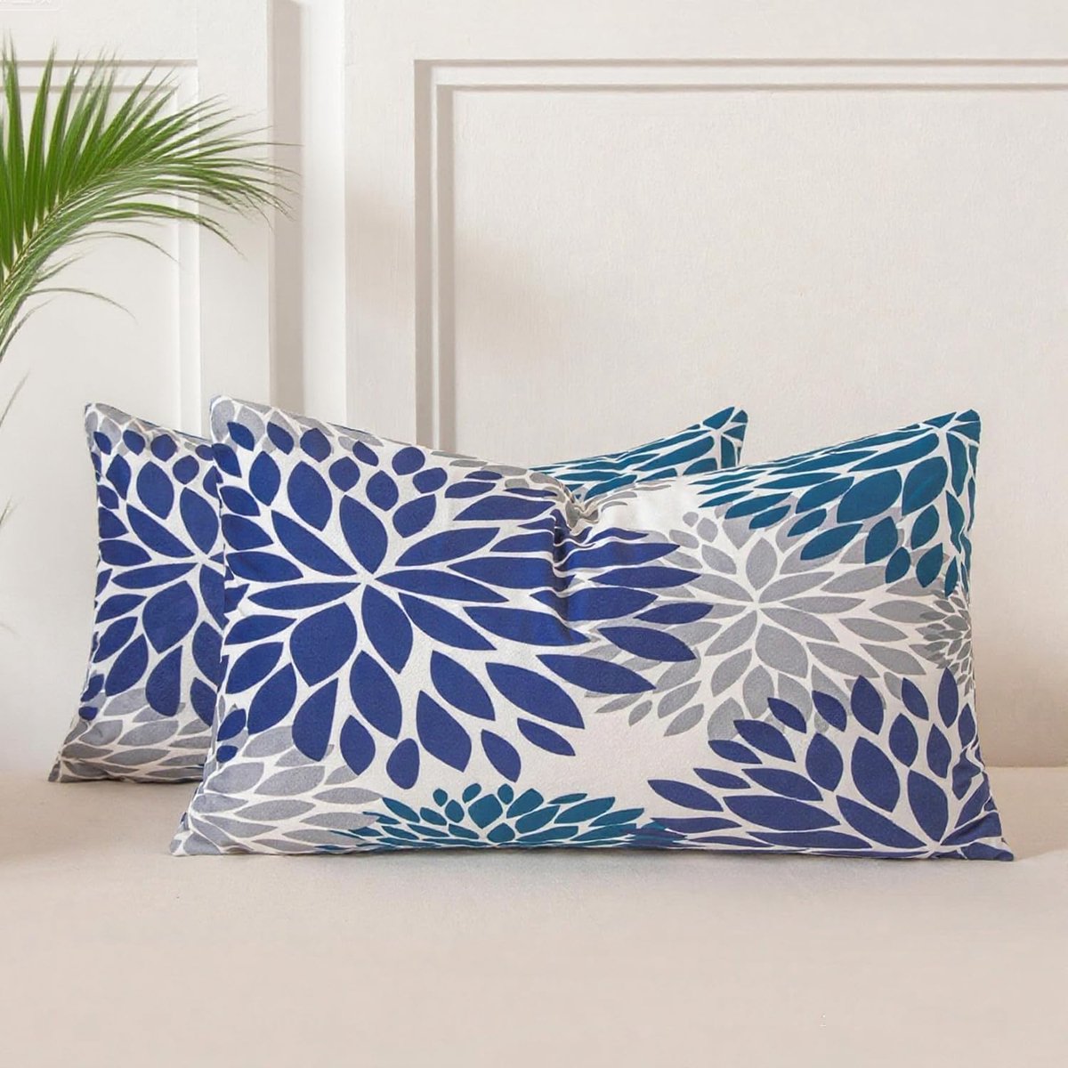 Kussensloop set van 2 - Fluweel - Blauw met bloemen - Modern voor woonkamer - SnelShoppen