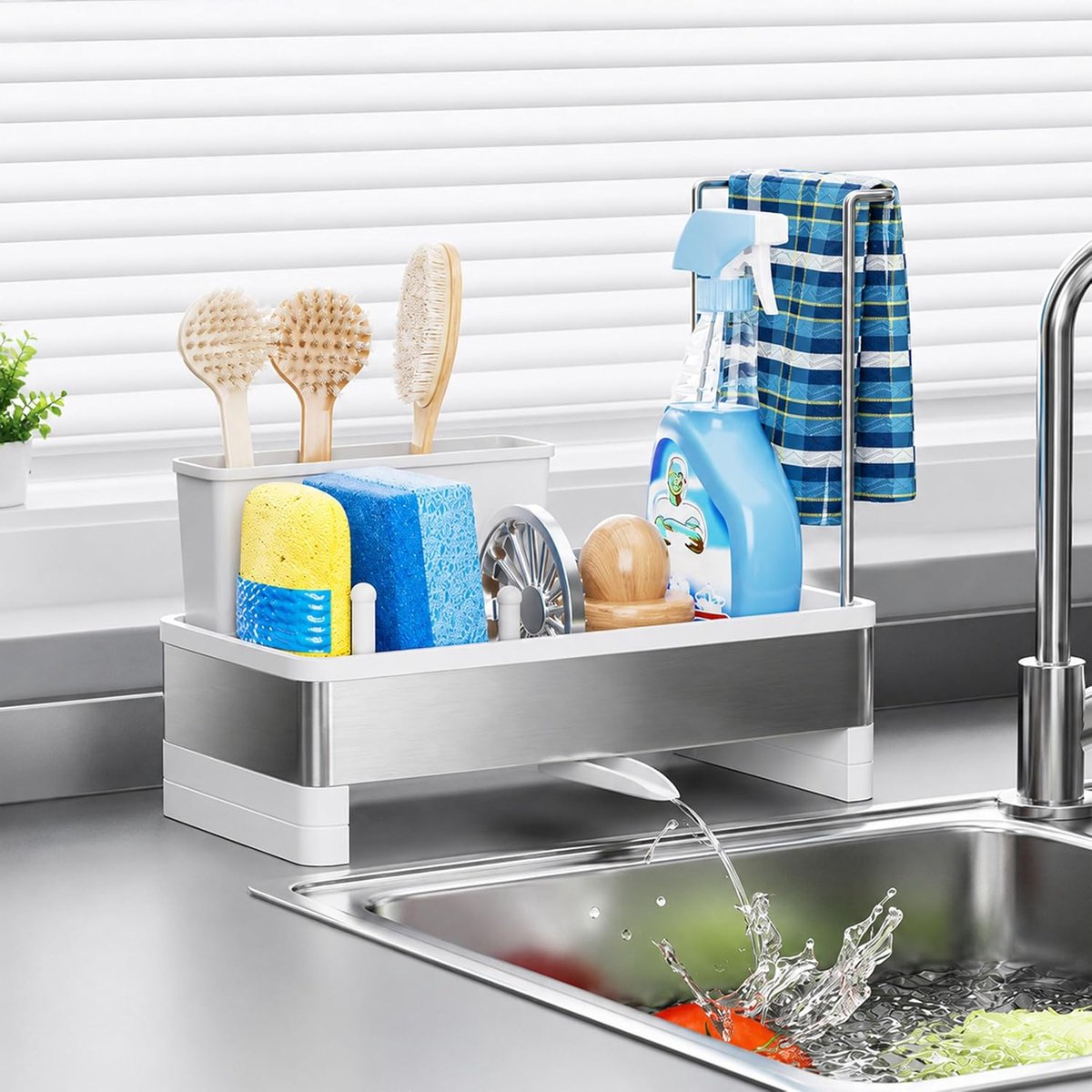 RVS Spoelbak Organizer met Afvoerbakje, Zelfdrainende Sink Caddy | Roestbestendig frame, compact afdruiprek voor spons, afwasborstel, vaatdoek en afwasmiddel, voor een net keukenblad (Wit)
