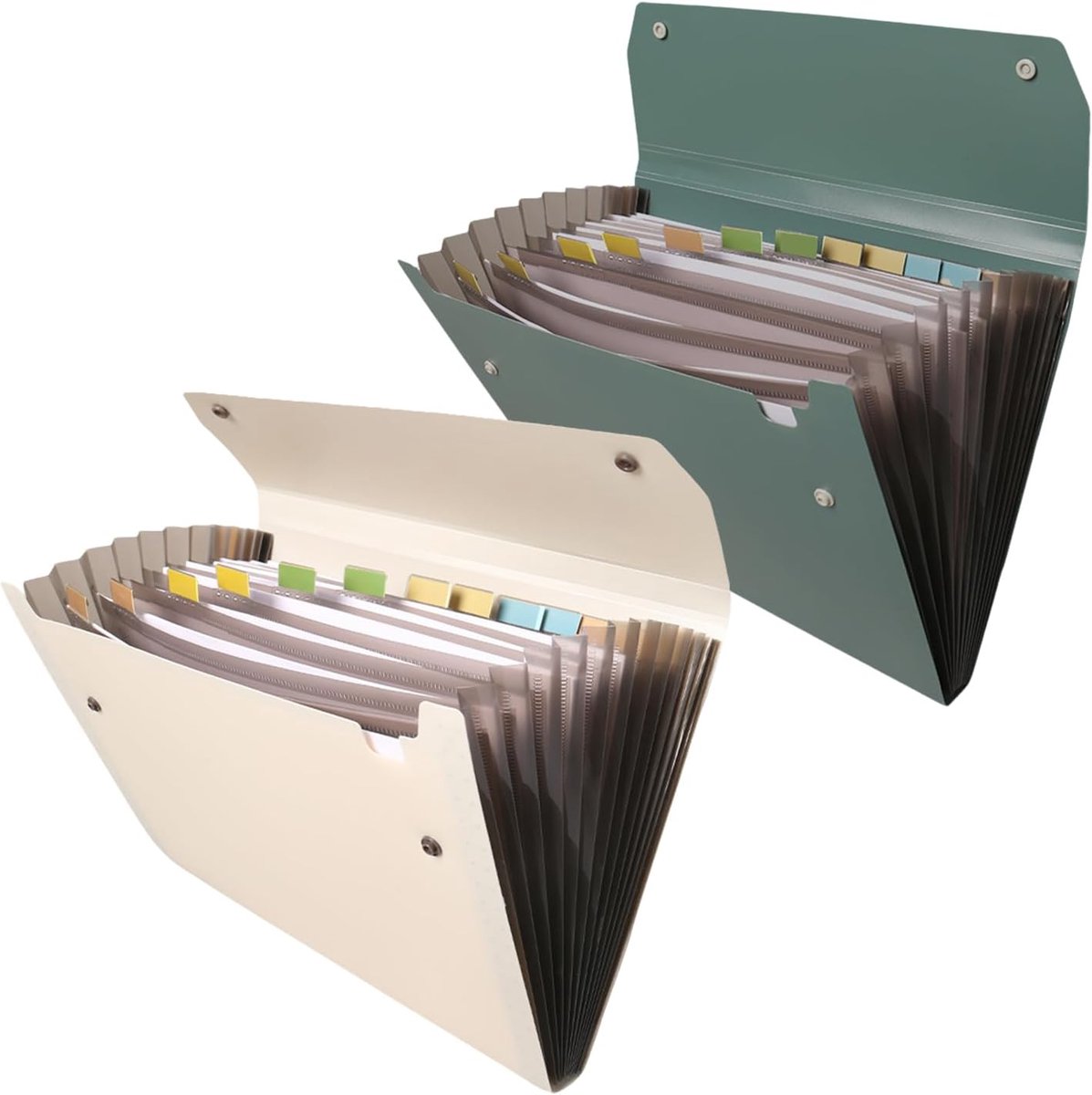 2 stuks waaiermap met 12 vakken drukknop, A4 documentenmap met etiketten, dikke organisatiemap groen en crèmewit voor kantoor, school, huishouden (groen, crèmewit)