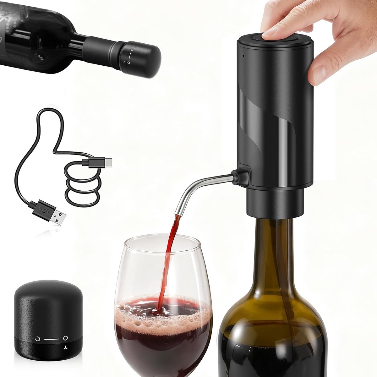 Elektrische wijnschenktuit, oplaadbare wijndispenser met USB-kabel en afsluitbare wijnstopper, cadeau voor wijnliefhebbers