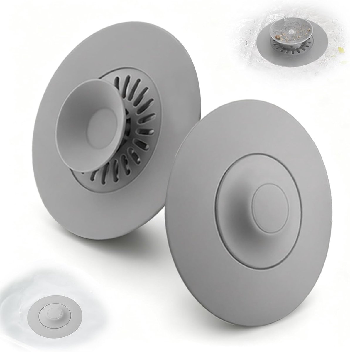 2 siliconen afvoerstoppen, 10,8 cm, universeel, met zeef, grijs | 2 stuks, 10,8 cm, siliconen, universeel, persdesign, zeeffunctie, geurdicht, voor wastafels, badkuip en gootsteen