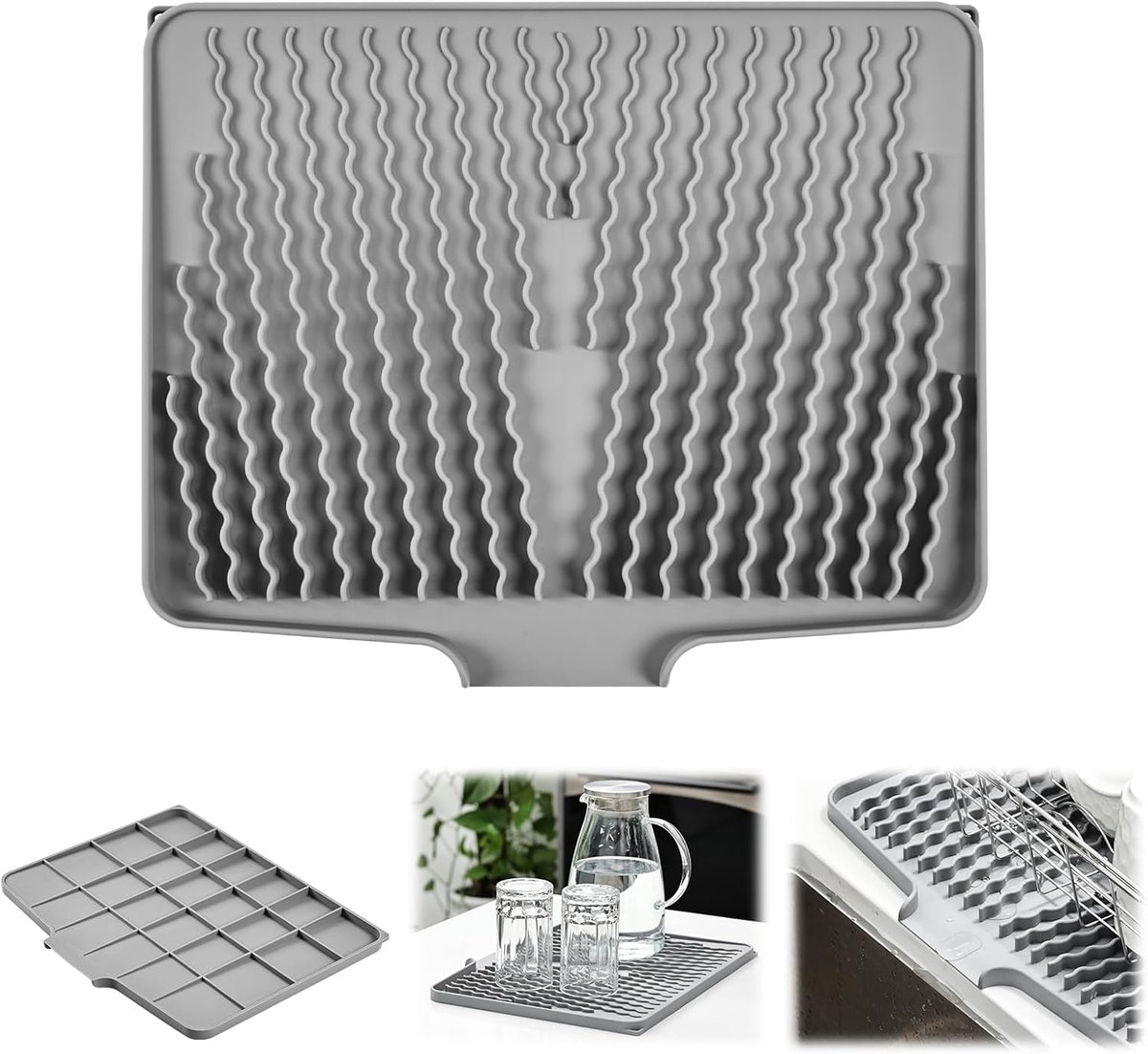 Afdruipmat zonder vouwen, siliconen afdruipmat, servies voor de keuken, gootsteen, schuin design met afvoeropening, hittebestendig en antislip, dient als afdruipbak (lichtgrijs, 40 x 33 x 1,5 cm)