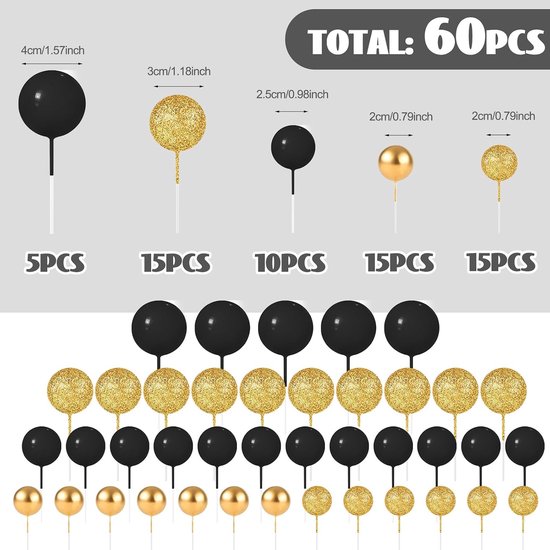 60 stuks, taarttoppers, mini-ballonnen, verjaardag, feest, babyshower (Glitter Zwart-Goud) — afbeelding 5