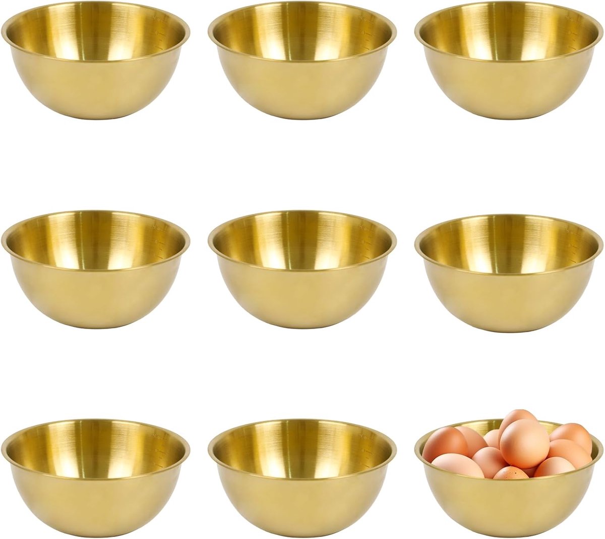 8 stuks gouden kommen, 17 cm, roestvrij staal, slakommen, stapelbaar, goudkleurig, keukenkommen, voor salade, soep, rijst, pasta, ramen, fruit (17 x 7 cm)