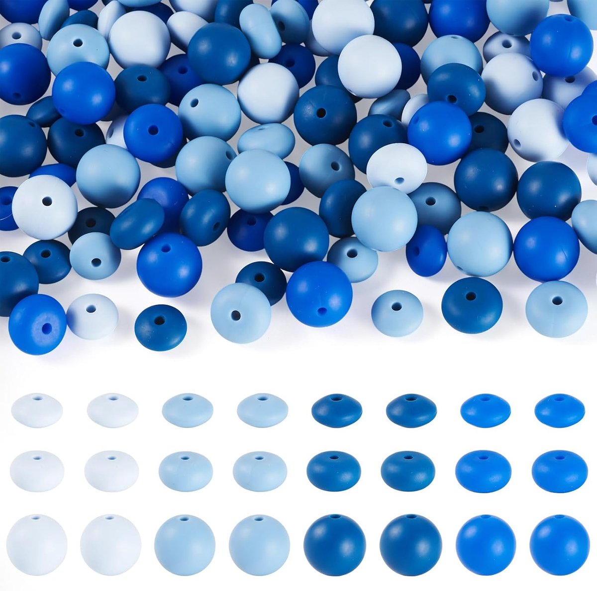 120 stuks Blauwe ronde siliconen kralen, 15 mm, ronde scharnierende kralen, lens, losse afstandhouder, voor het maken van kralen, pennen, armbanden, sleutelhangers, sieraden