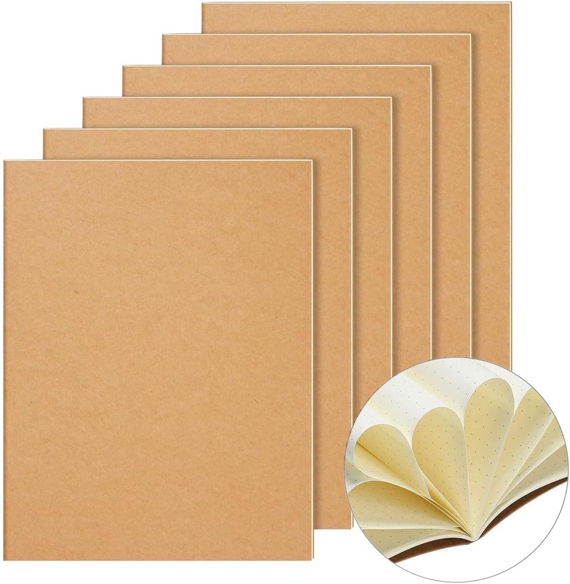 Kraft-notitieboek, A4, gestippeld, set van 6 notitieboekjes met 64 pagina's (32 vellen), notitieblok voor kantoor, school en reizen (21,6 x 28 cm)