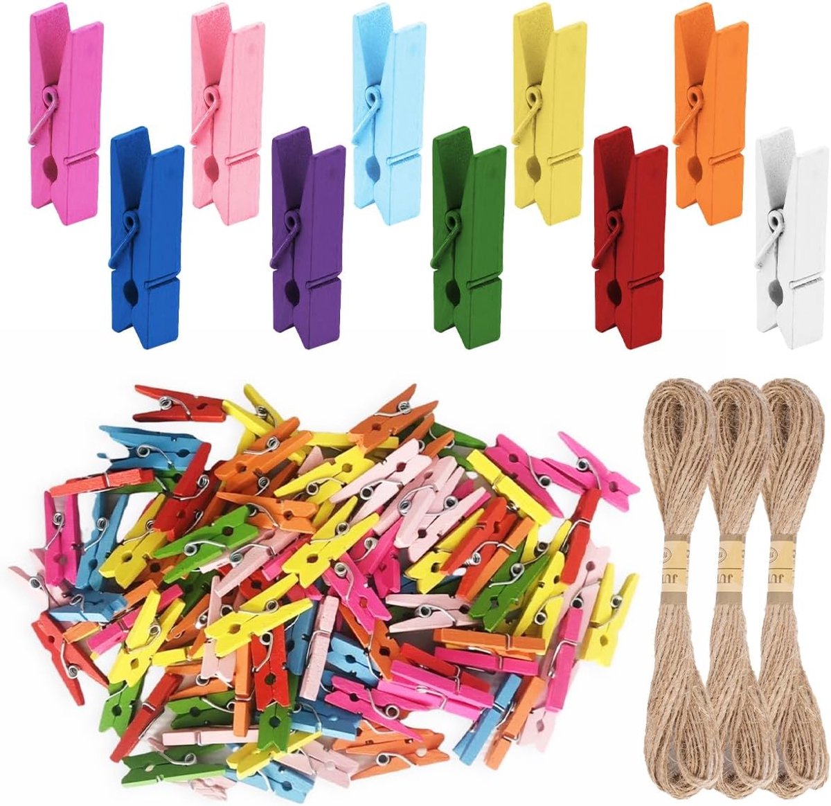 250 stuks houten knijpers, klein, kleurrijk, 3,5 cm, mini-wasknijpers | hout, klein, met 30 m jute koord, fotoklemmen, sierklemmen voor doe-het-zelf foto's, ophangen voor fotowand, verpakking
