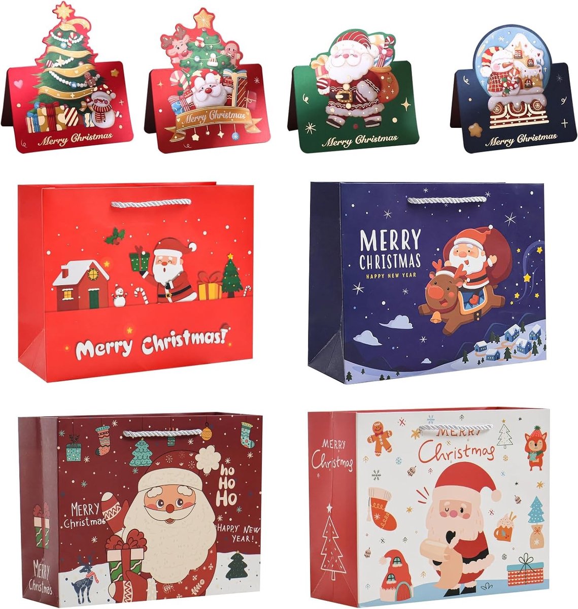 4 Stuks Kerstcadeauzakjes met Kaarten, Papieren Zakken met Handgrepen voor Geschenken, 25 x 20 x 10 cm, Ideaal voor Kerstverpakkingen en Boodschappentassen