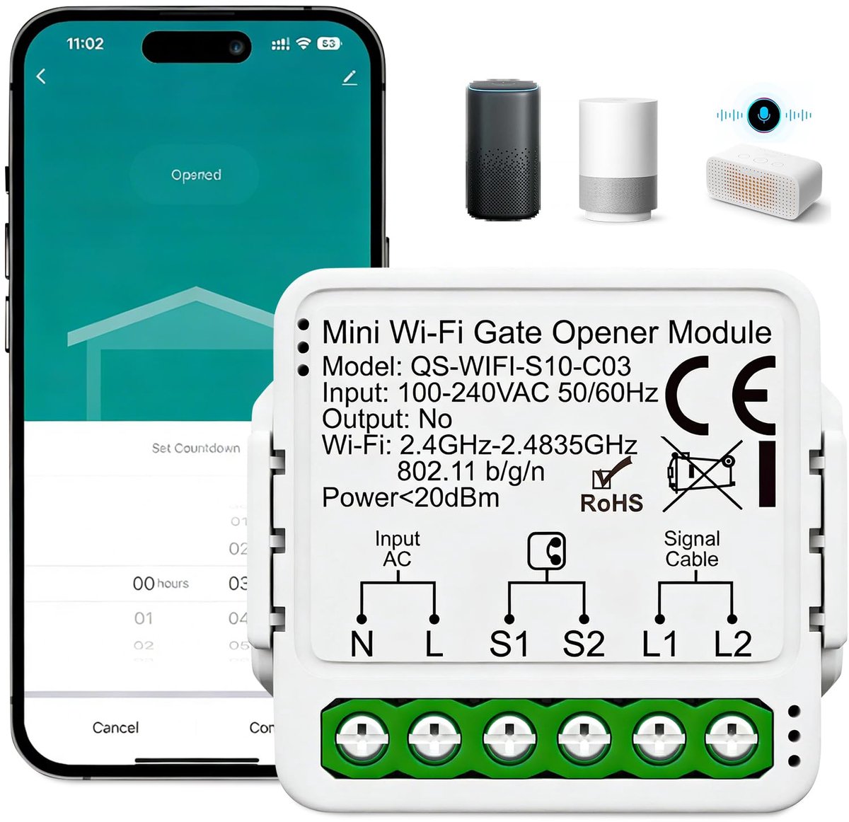 SnelShoppen - WIFI Garagedeuropener, Slimme WLAN Rolluikschakelaar met APP en Spraakbediening voor Binnengarages, Wandmontage, Wit