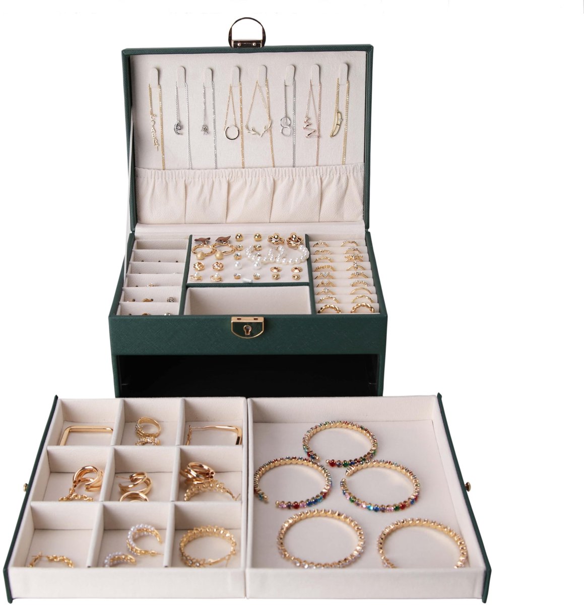 SnelShoppen - Sieradendoos Stapelaars voor Sieraden Opslag - Organizer voor Ringen, Kettingen, Oorbellen, Armbanden en Horloges - Donkergroen - Perfec