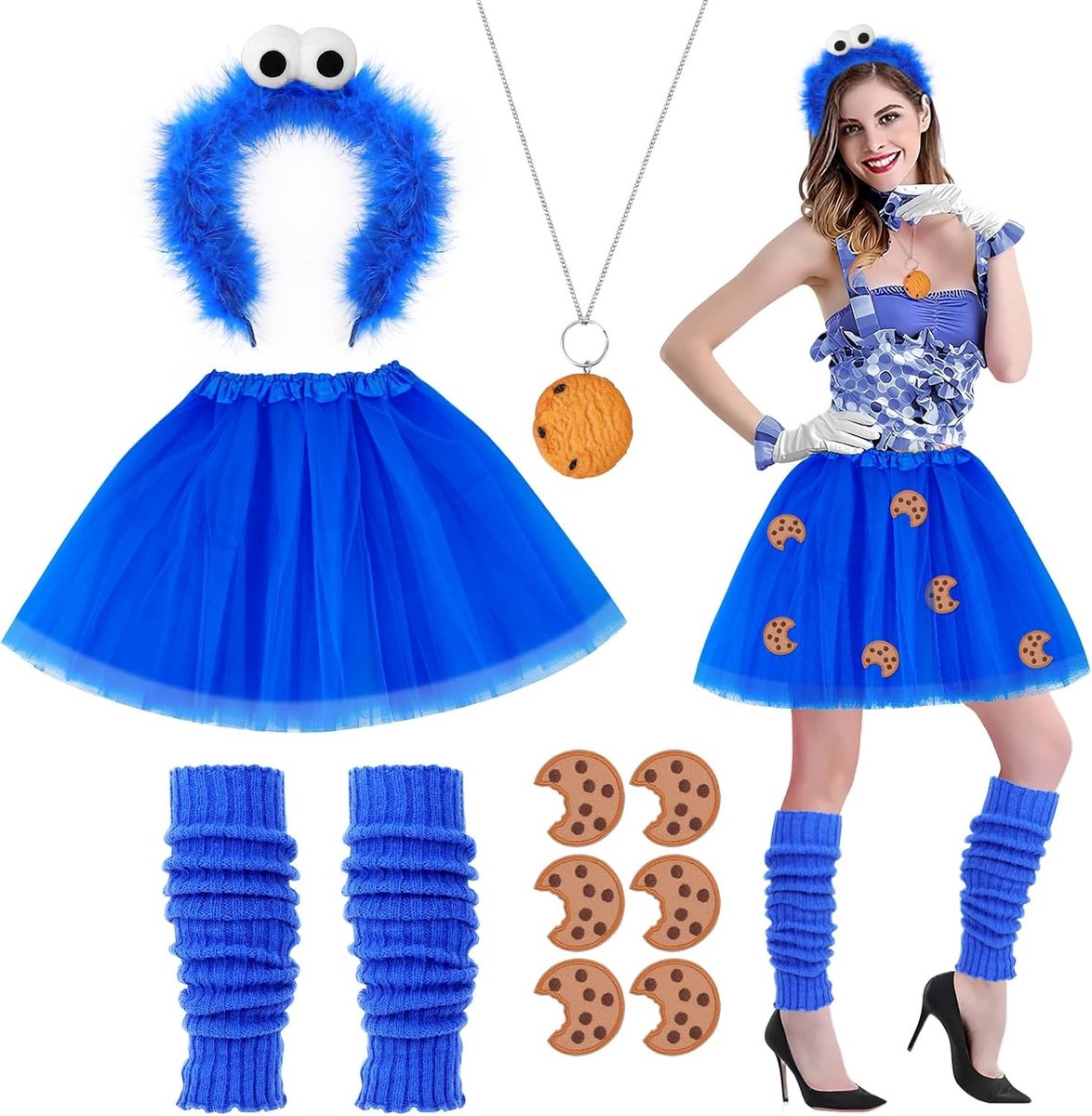 Vrouwelijk kostuum met cookie monster haarband, tutu rok, ketting en beenmanchetten voor carnaval, feest en Halloween