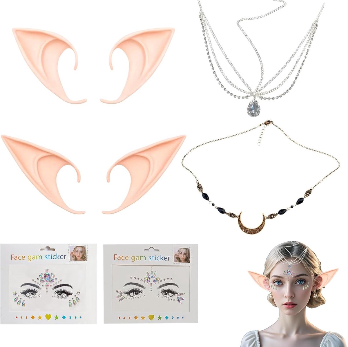Set van Elf Oren met Retro Maan Oorbellen en Kristallen Hoofdband voor Cosplay, Halloween en Feestjes