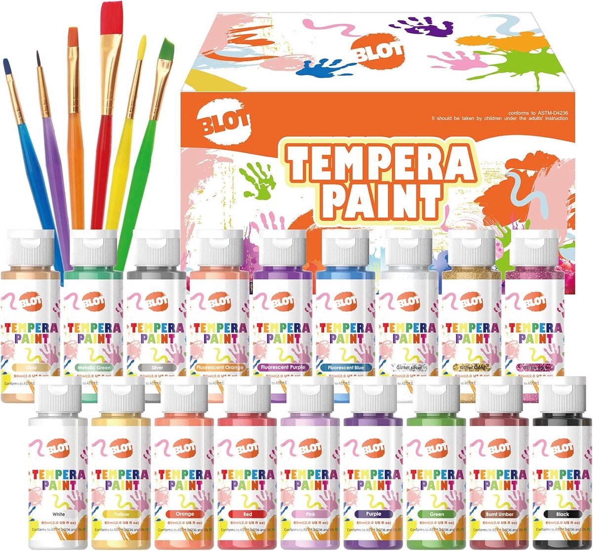 SnelShoppen - Tempera Verfset voor Kinderen 18 Kleuren - Niet-Toxisch, Wasbaar, Posterverf met Metallic Glitter en Fluorescent voor Beginners - 60ml p