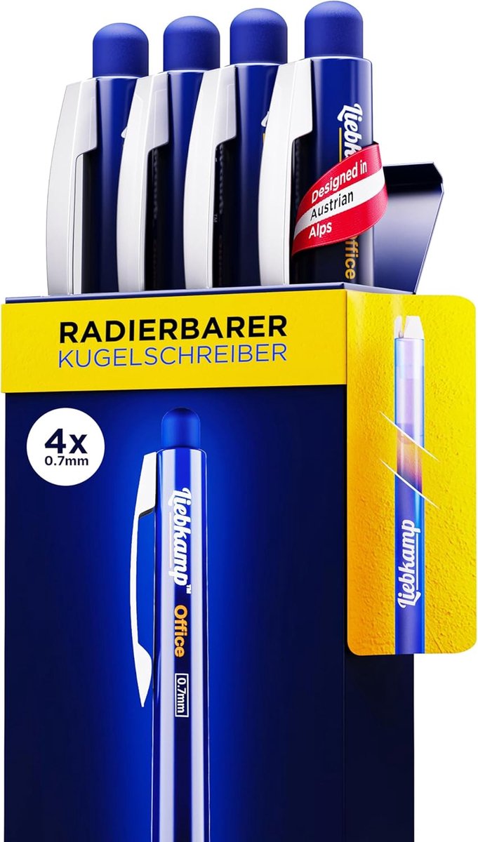 SnelShoppen - Office Uitwisbare Balpen Set 4 Stuks - 0,7 mm Vulling - Krast en Smeert Niet - Ideaal voor Thuis, Kantoor en School - Uitwisbaar Schrijv