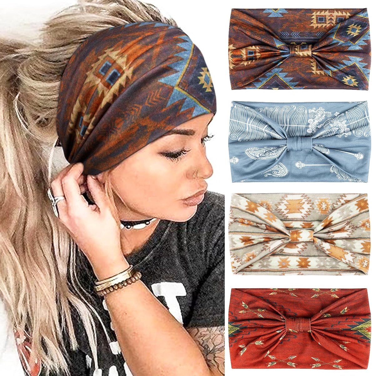 Set van 4 Boho Haarbanden voor Dames - Elastische Afrikaanse Accessoires voor Yoga en Sporttraining