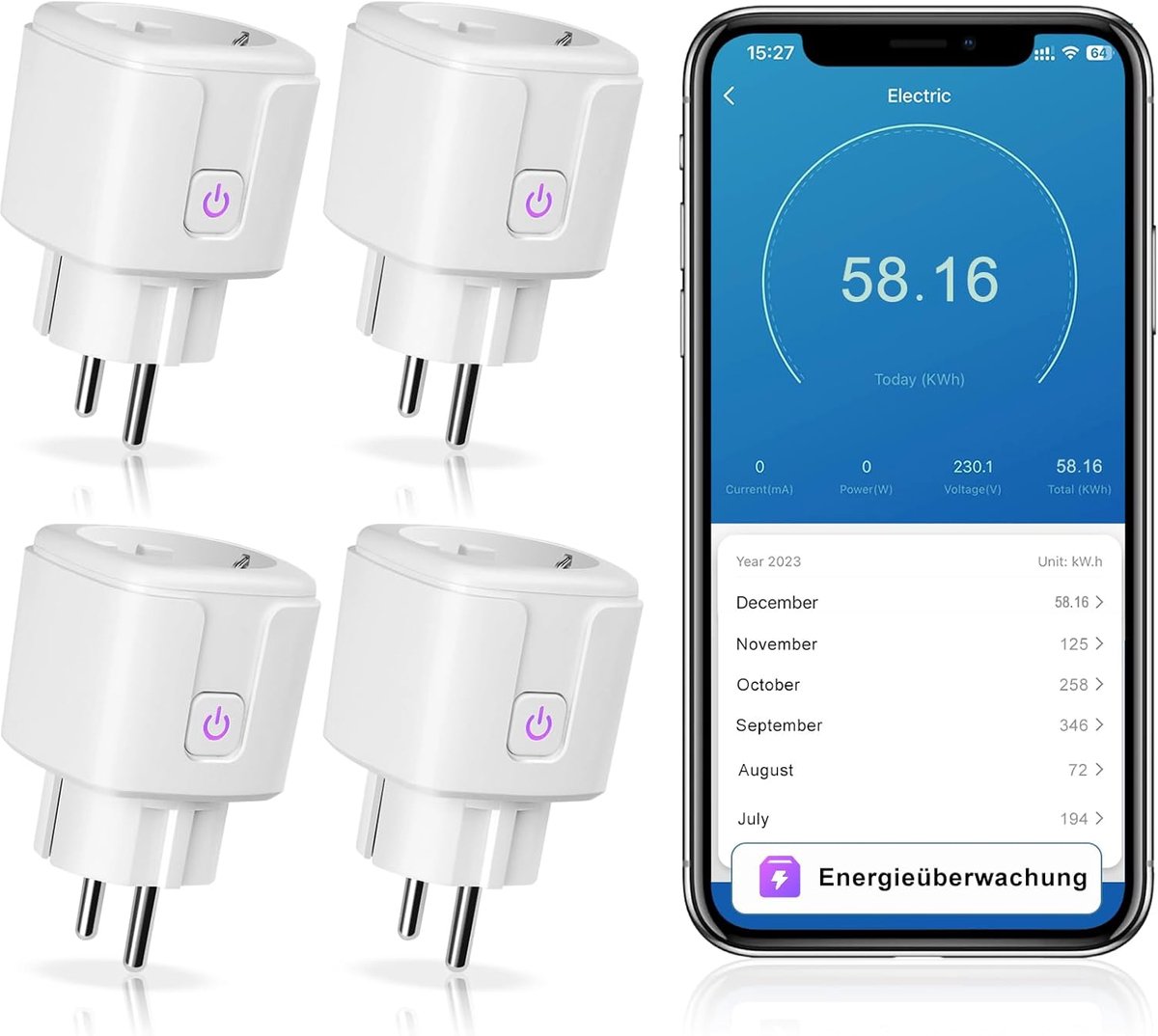 SnelShoppen - Wifi-stopcontact met stroommeting, timer, spraakbediening, voor Alexa en Google Assistant, smart home mini-plug 16 A, ideaal voor thuisg