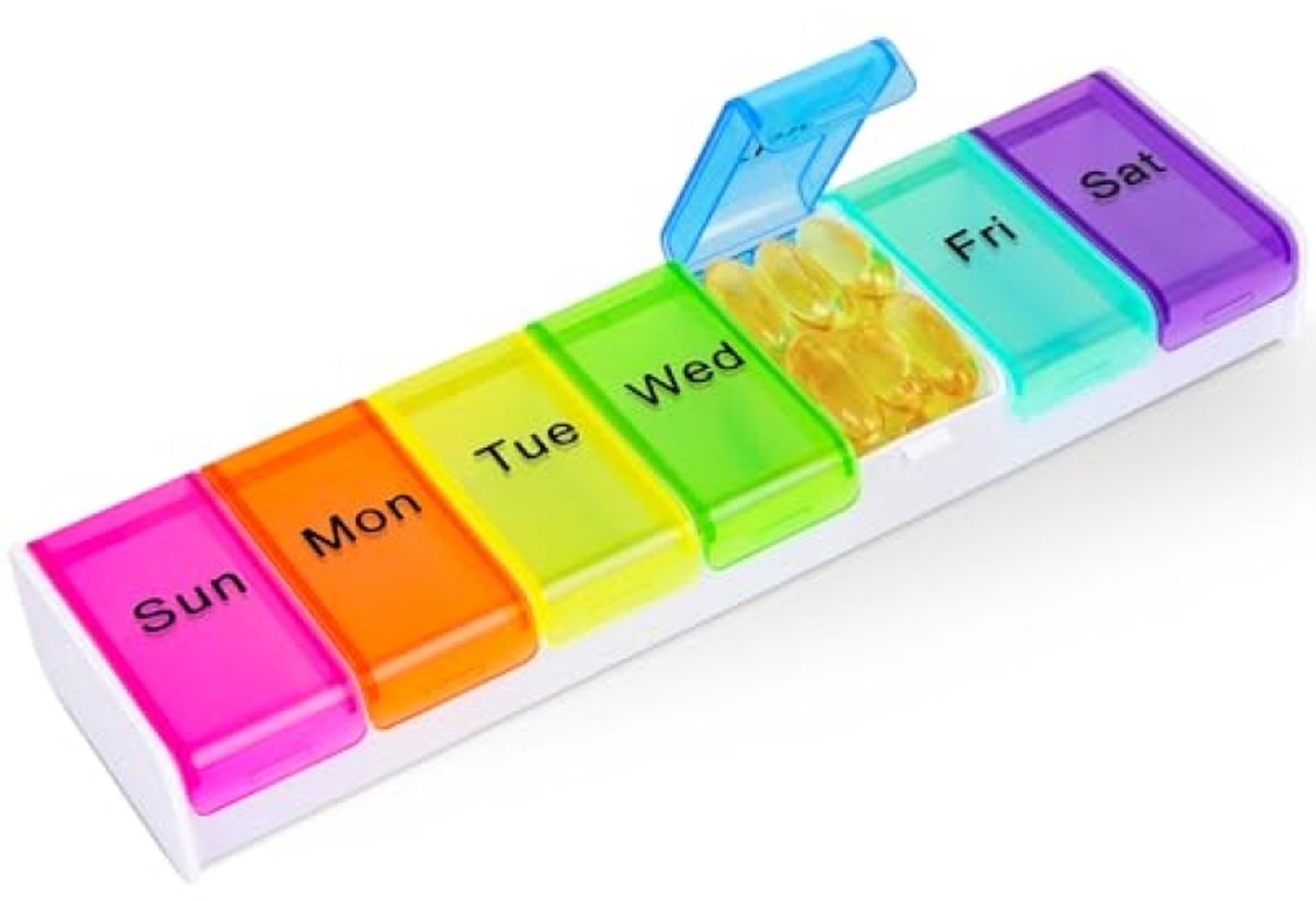 Pillendispenser Weekly, 7-Daagse Draagbare Pillen Organizer met 7 Vakken, Eén Keer Daags, Wit