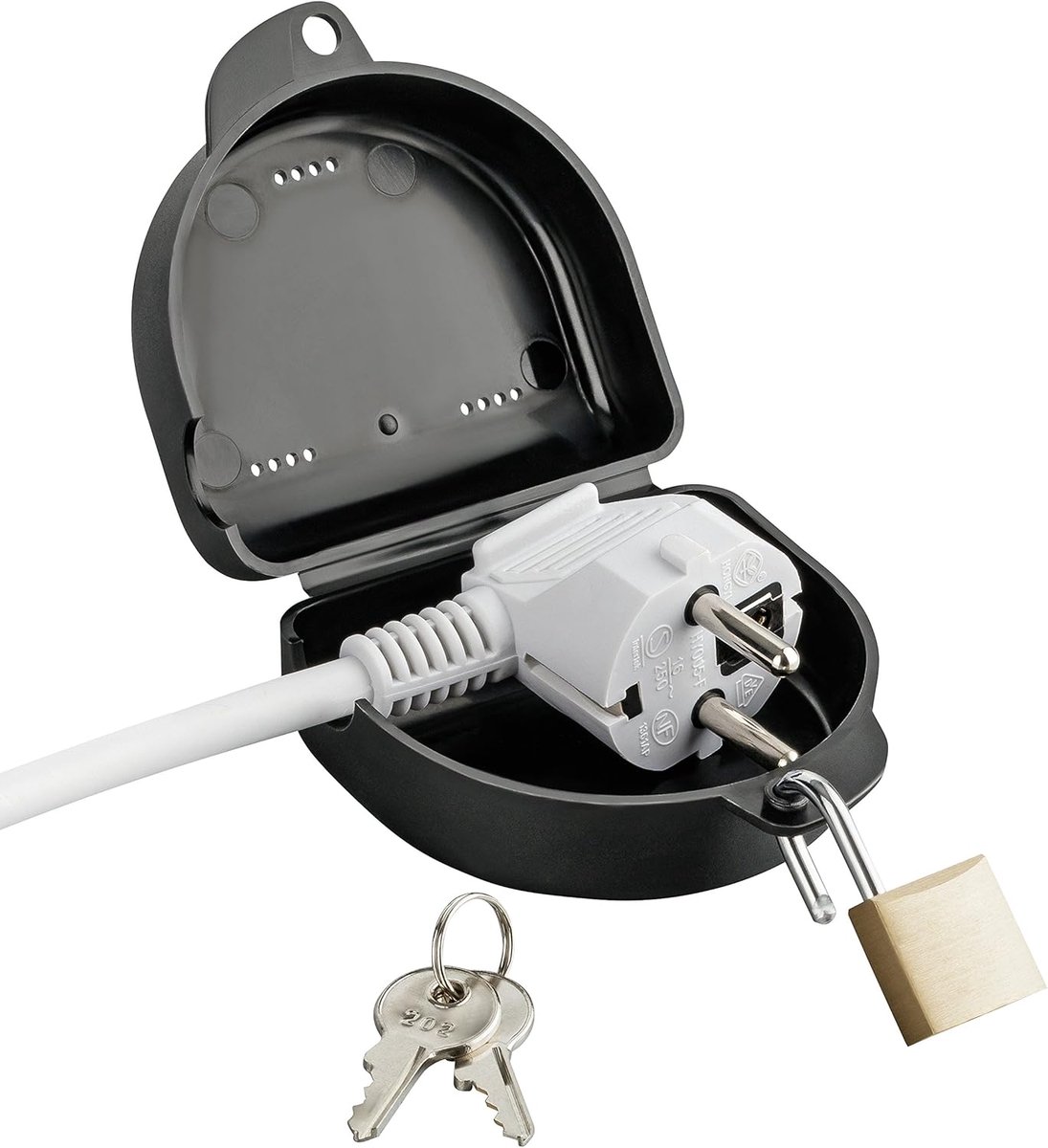 haggiy Stekker Slot – Afsluitbare Stekkerbox met Hangslot, Beveiliging tegen Ongewenst Gebruik, Geschikt voor Schuko & Hoekstekkers, Zwart | Stekkersafe, bescherming tegen ongeoorl