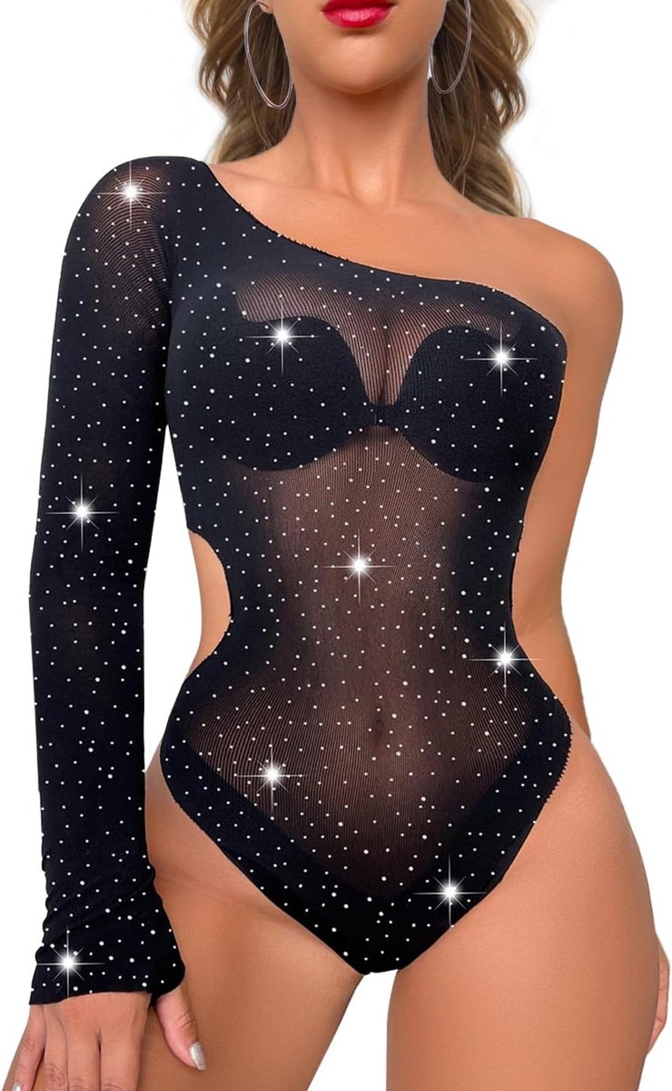 transparant, bodysuit van mesh, ondergoed van kant, één schouder met strass
