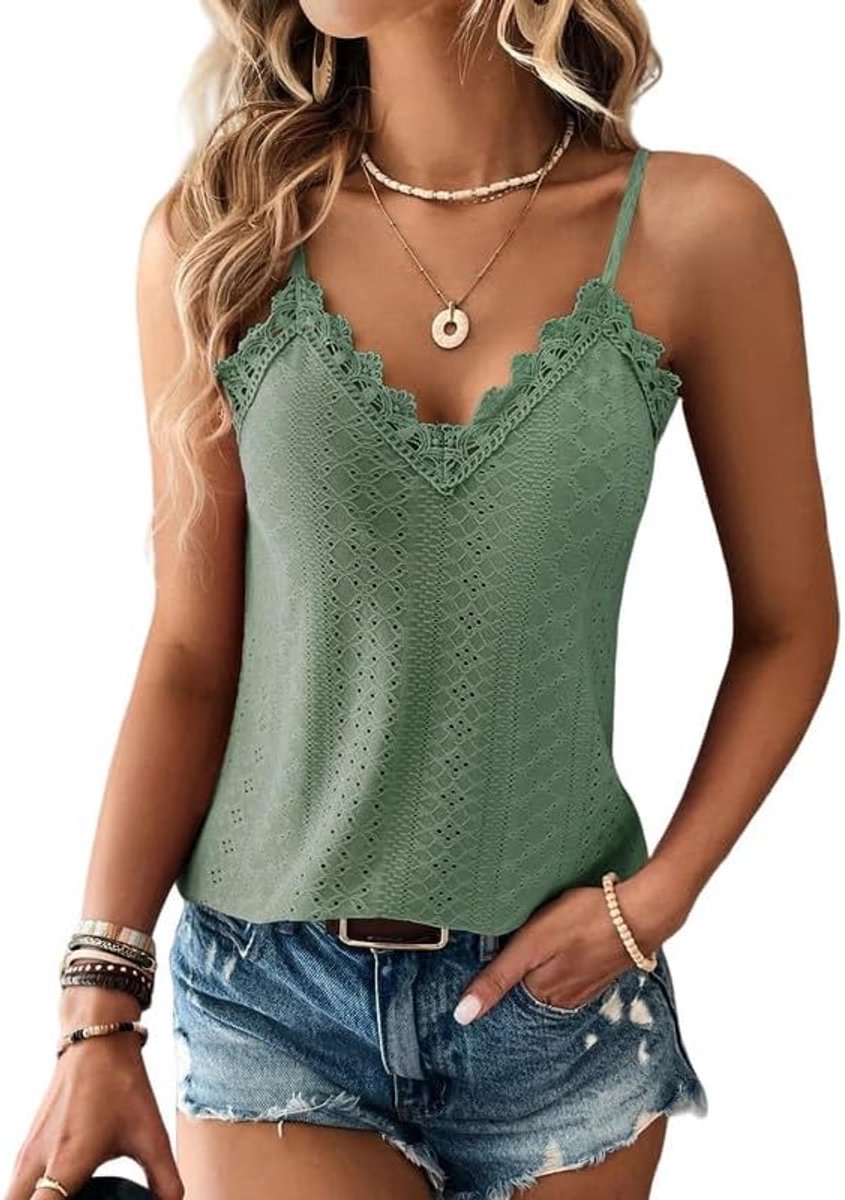 Vest Tops Dames Kanten Rand V-hals Dames Zomertops Tanktops Mouwloze Spaghettibandjes Cami Top Eyelet Borduursel Camisole Losvallende Blouse Shirt