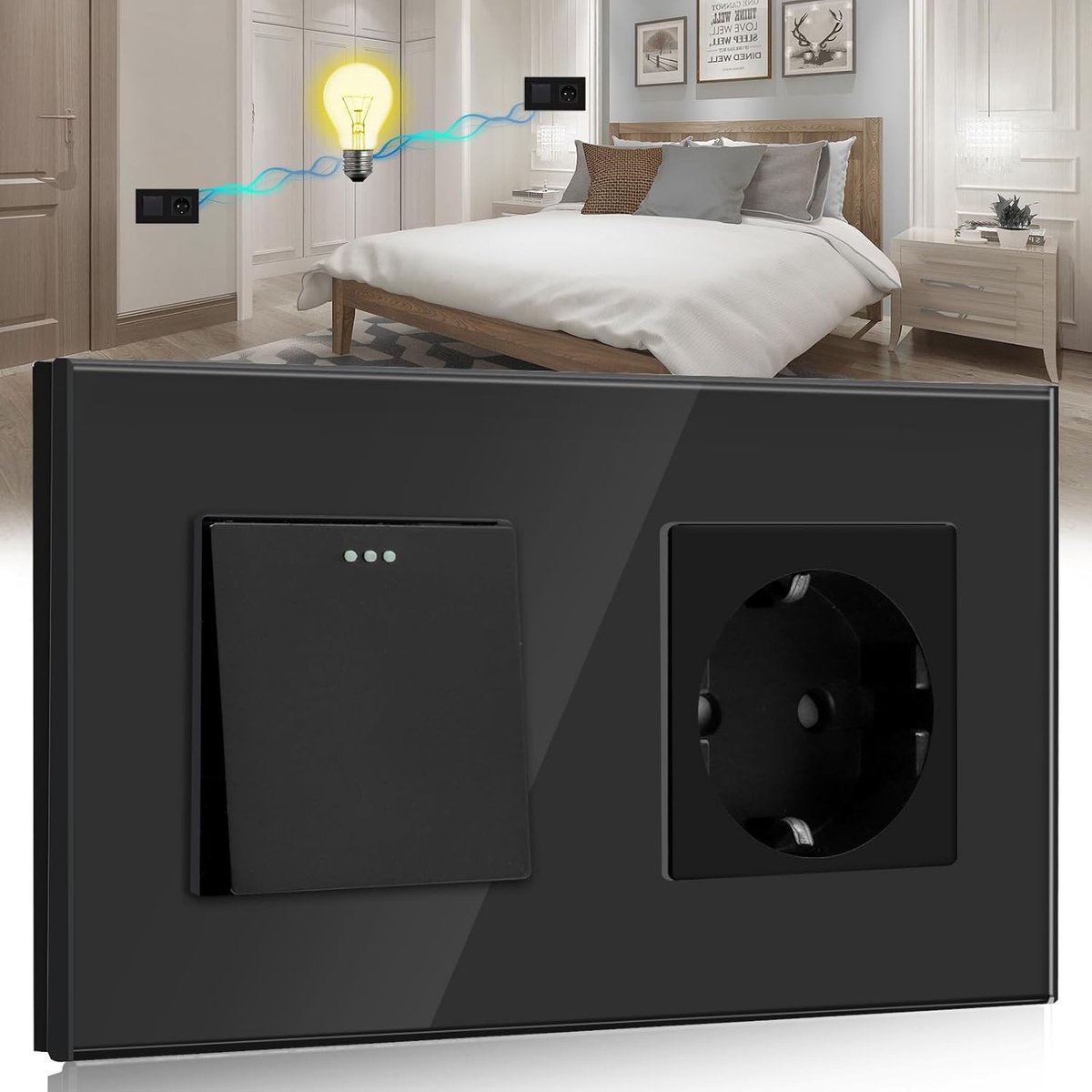 BSSED Lichtschakelaar met stopcontact, 1-voudig, 2-wegs, 10 A kristalglas, wandschakelaar met 16 A Schuko-stopcontact, zwart, fysische inbouw, wisselschakelaar met stopcontact, 157 mm