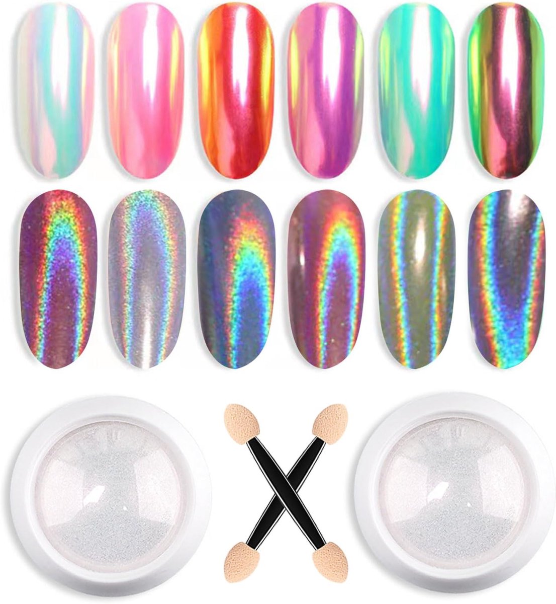 nagelpoeder, wit, chroom, 2 stuks, Aurora Ice Shimmer, chroom pigment, poeder, spiegel voor nagels