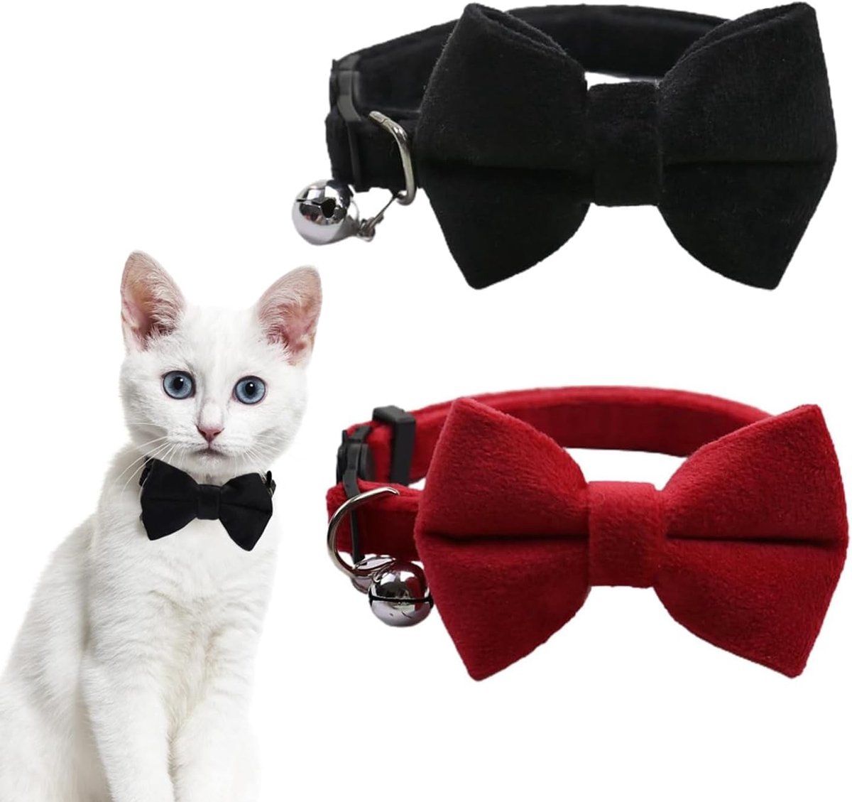 SnelShoppen - 2 stuks fluwelen kattenhalsband met belletjes en verstelbare vlinderdas, veiligheidsvlinderdas voor kleine puppy's, eenkleurig voor brui